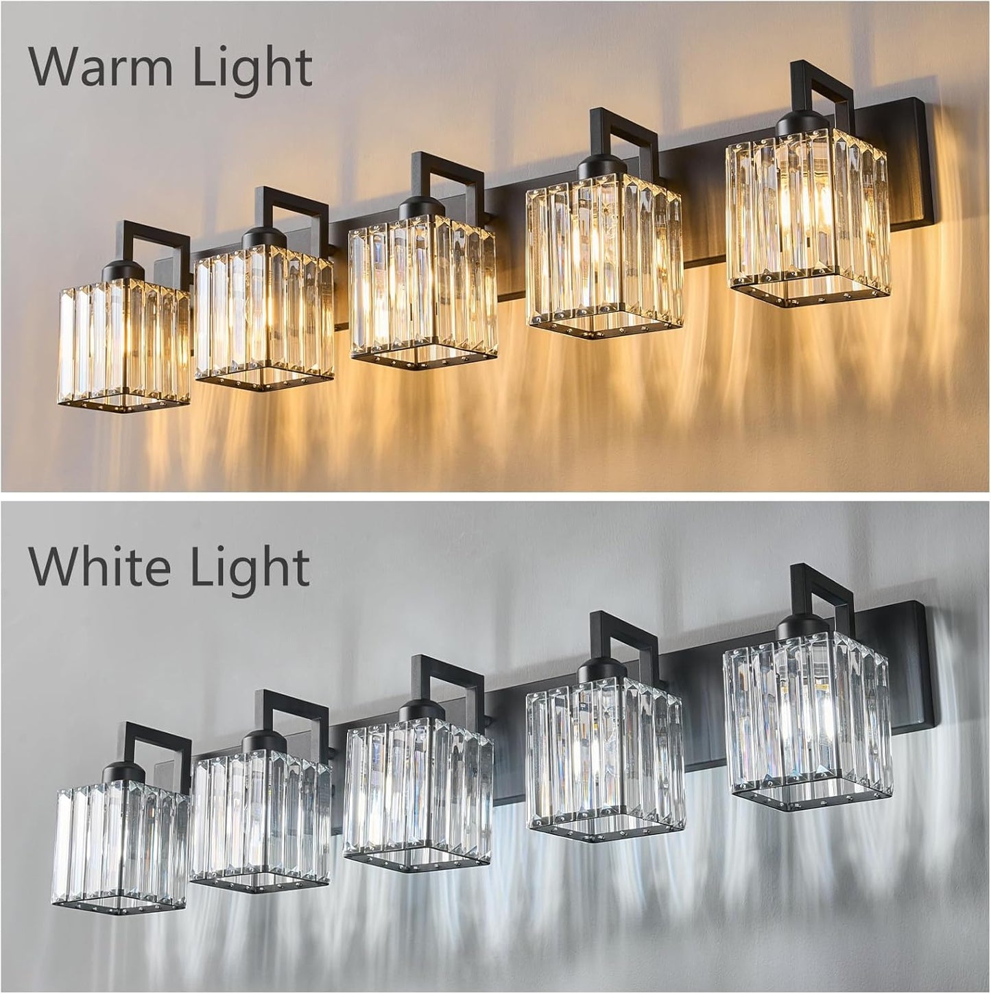 Black Bathroom Light Fixture, 5-Light Crystal Vanity Lighting, Bathroom Lighting Fixtures Over Mirror, Modern Crystal Wall Lamp