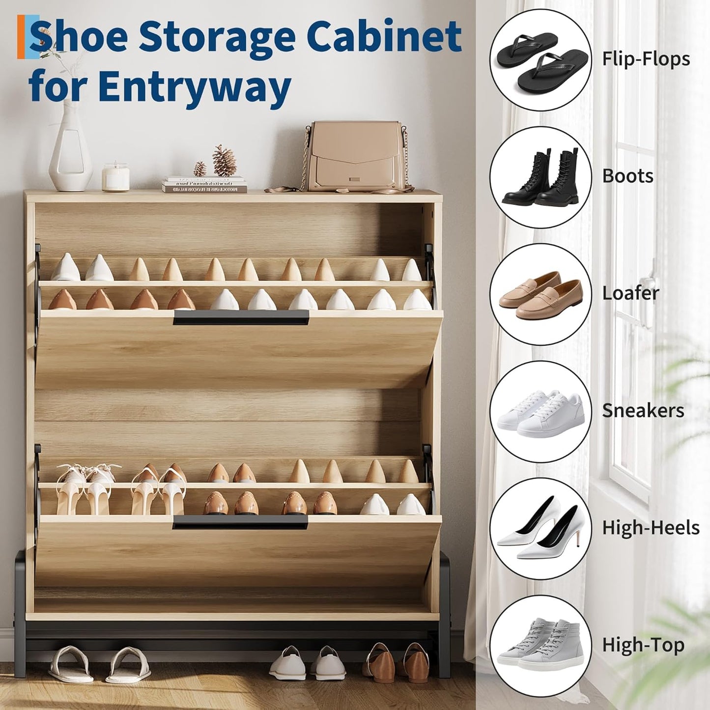 CABIHOME Shoe Storage Cabinet with 2 Flip Drawers, Freestanding Shoe Organizer with Metal Legs, Adjustable Shelf Narrow Shoe Rack Cabinet for Entryway, Hallway, Living Room, Oak