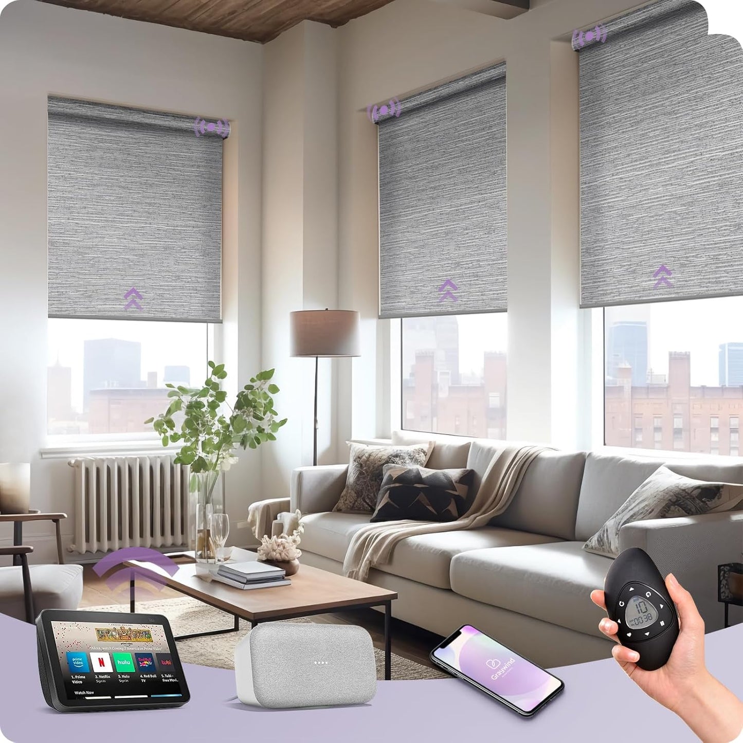 Graywind Motorized Light Filtering Shades Compatible with Alexa Google Rechargeable Remote Control Smart Blinds Automatic Window Shade with Valance for Home Office, Custom Size (Jacquard Grey)