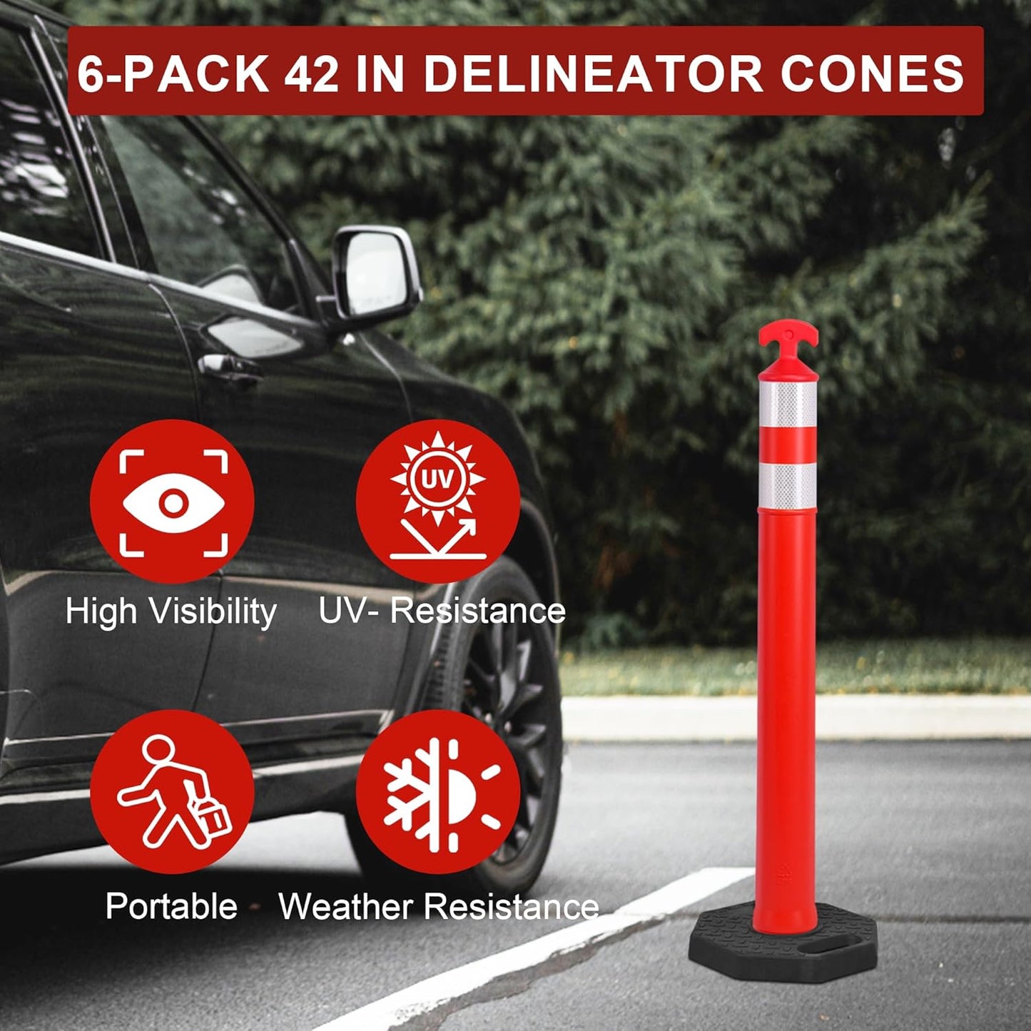 OrangeStar 42" Traffic Delineator Post Cones 6-Pack Orange Safety Cones with Heavy Duty Rubber Base for Construction, Road Work, Parking Lots, Warehouse and Events