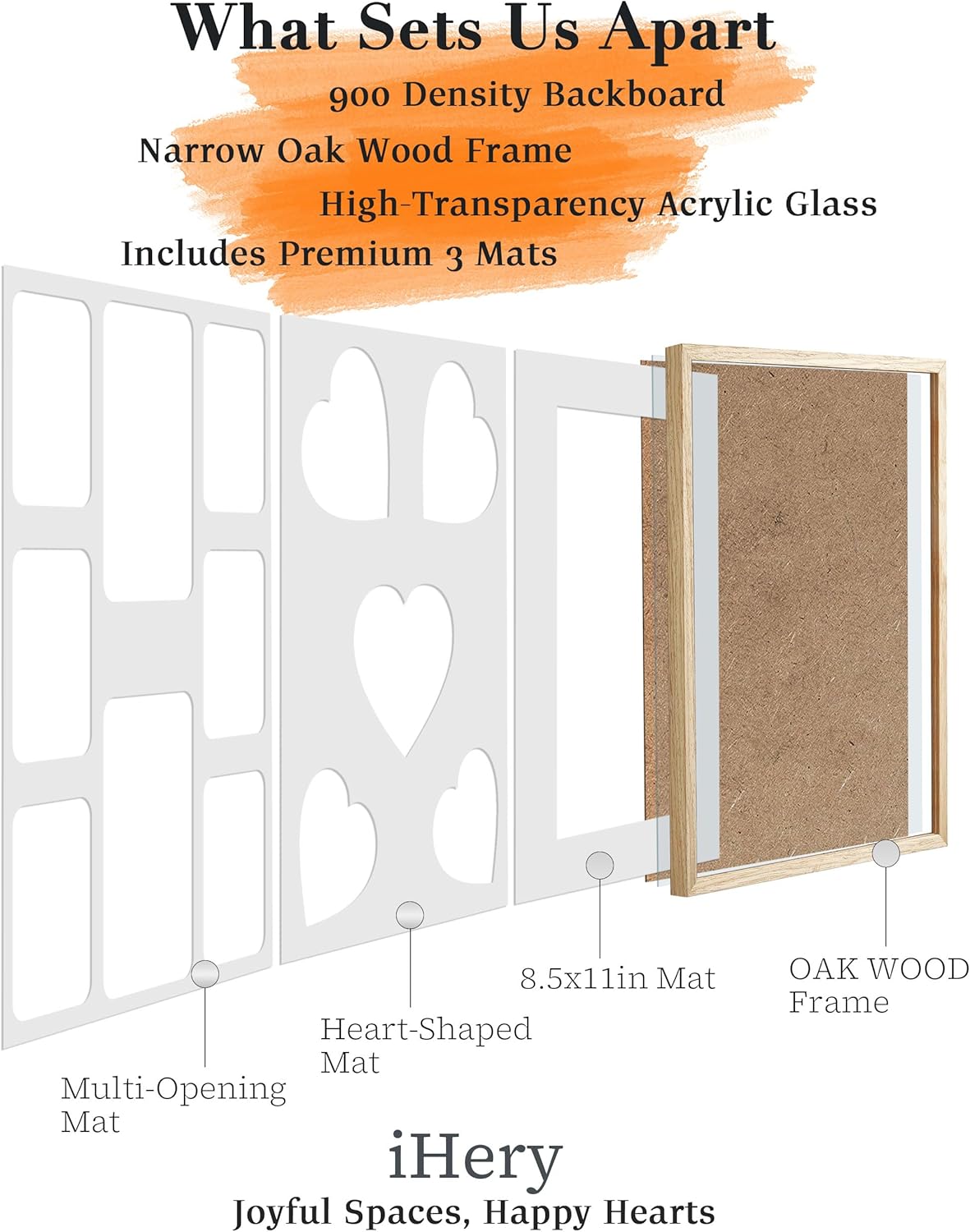 iHery Standard 12x16in Natural OAK Wood Picture Frames Collage For Wall Decor, Includes 3 Mats (Heart, 4x6/5x7 Multi-Opening, 8.5x11), DIY Gallery Photo Display For Family Mom, Birthday Gift 1Pack