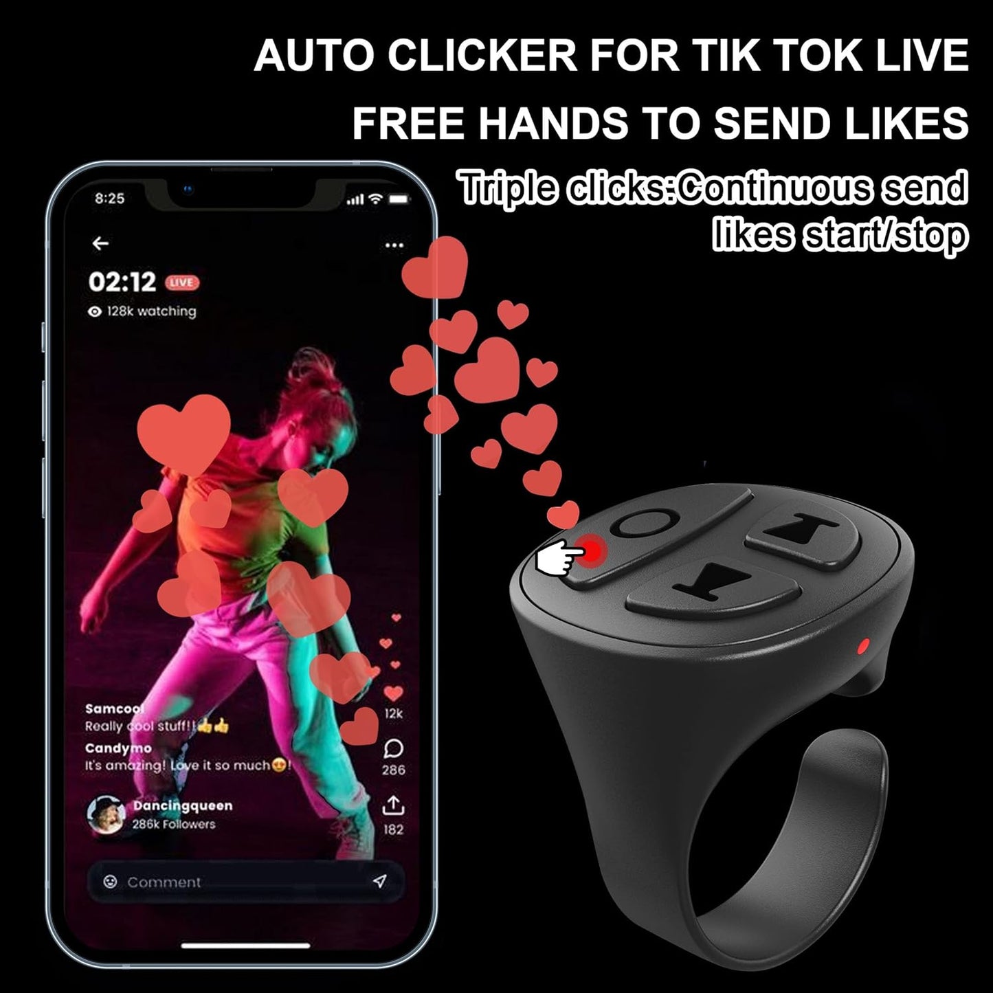 Tiktok Scrolling Ring for iPhone, Bluetooth Camera Remote Control, Remote Control for TIK Tok Scrolling Ring for iPhone, Android (Black)