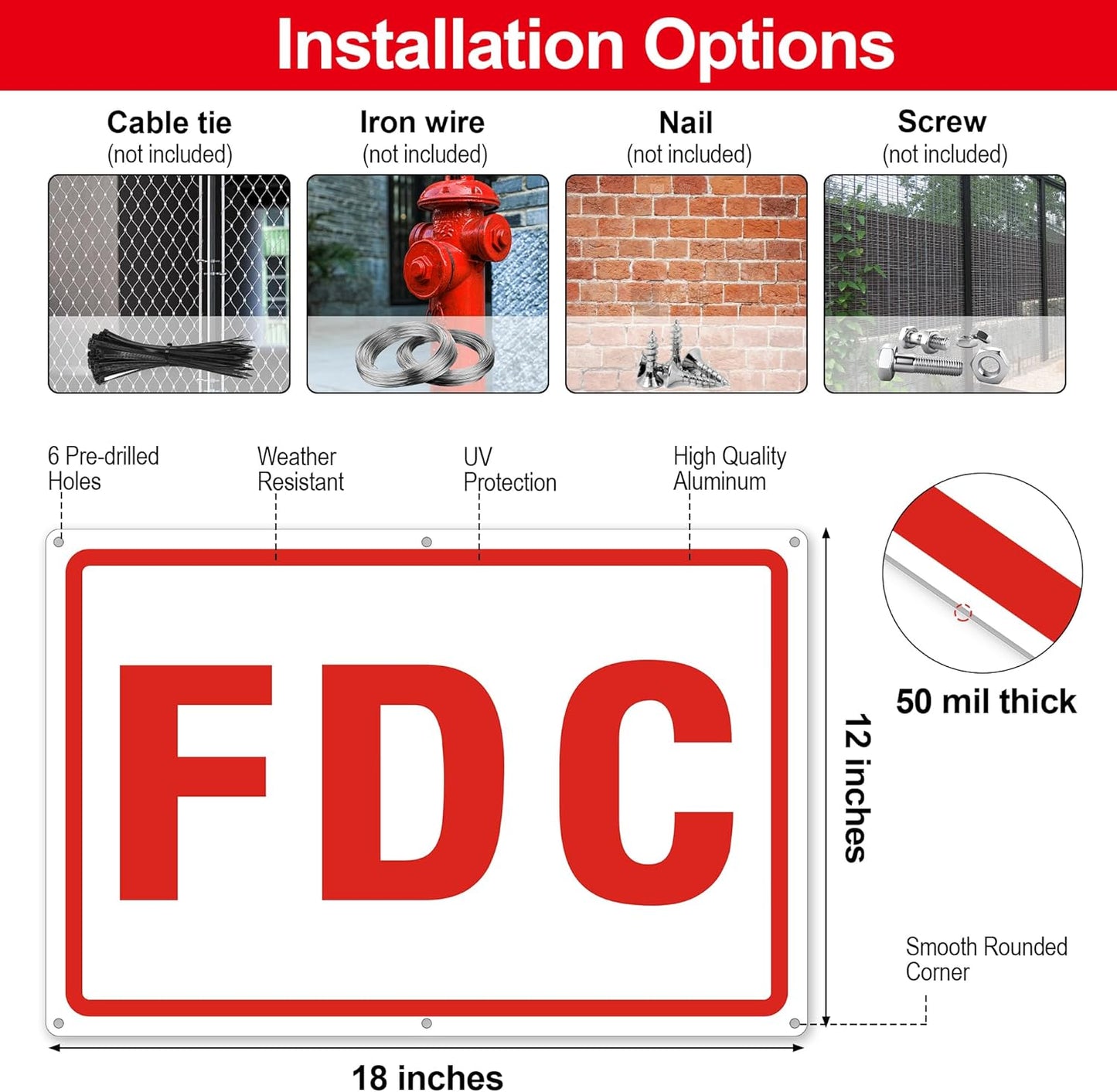 FDC Sign, 2 Pack Outdoor Aluminum Metal Sign, FDC Signs for Fire Department Connection, UV Protected Weather Resistant and Easy to Install (White Color, 18 x 12 inches)