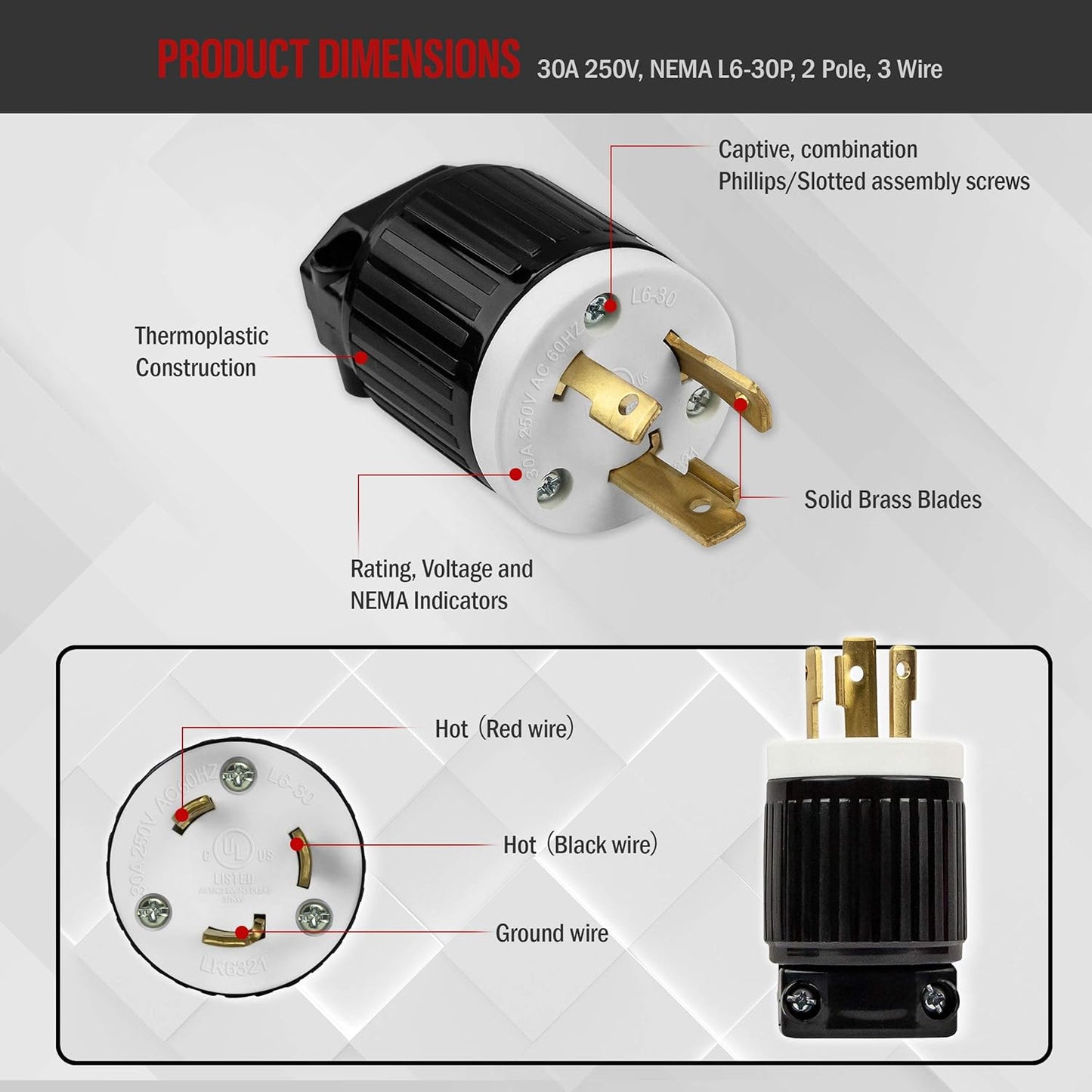 ENERLITES NEMA L6-30P Locking Plug Connector for Generator, Twist Lock Male Plug, 30 Amp, 250 Volt, 2 Pole, 3 Wire Grounding, Industrial Grade Heavy Duty, UL Listed, 66461-BK, Black, 2 Pack