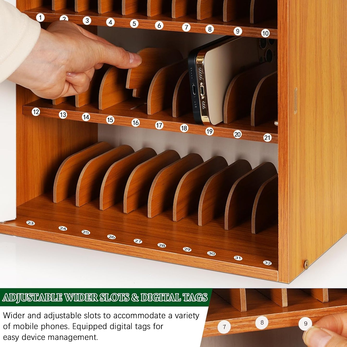 Echaprey Cell Phone Holder Classroom Adjustable 33 Slots Pocket Chart Wooden Cell Phone Storage Cabinet with Handle and Lock Desktop Cell Phone Holder for Classroom Office (Cherry)