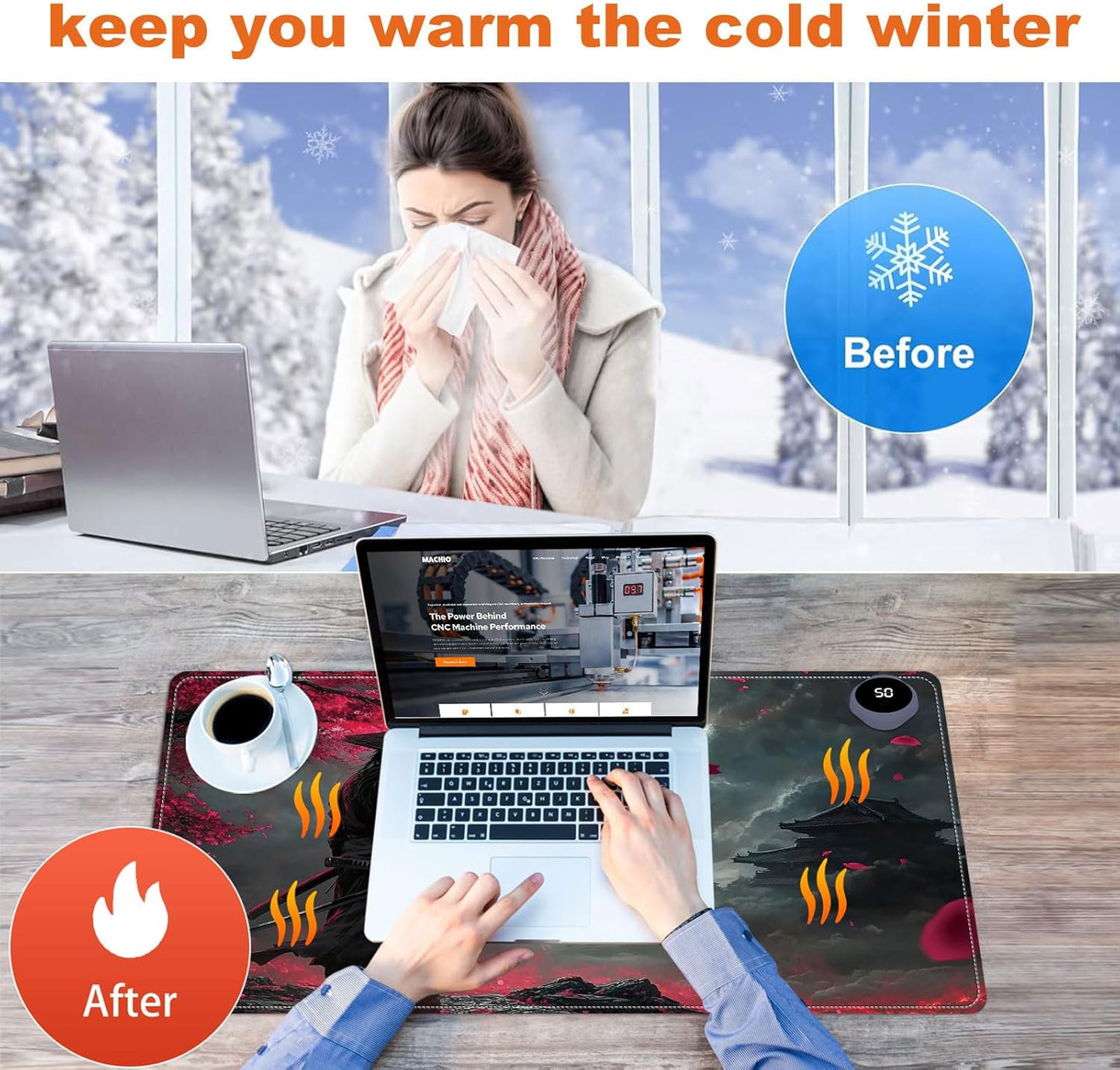 Small Heated Desk Pad 23.6" x 14.2" – Compact Electric Mouse Pad with 3 Heating Levels, Auto Shut-Off, Waterproof PU Surface, Plug-in Warmer for Office or Home Use, Samurai