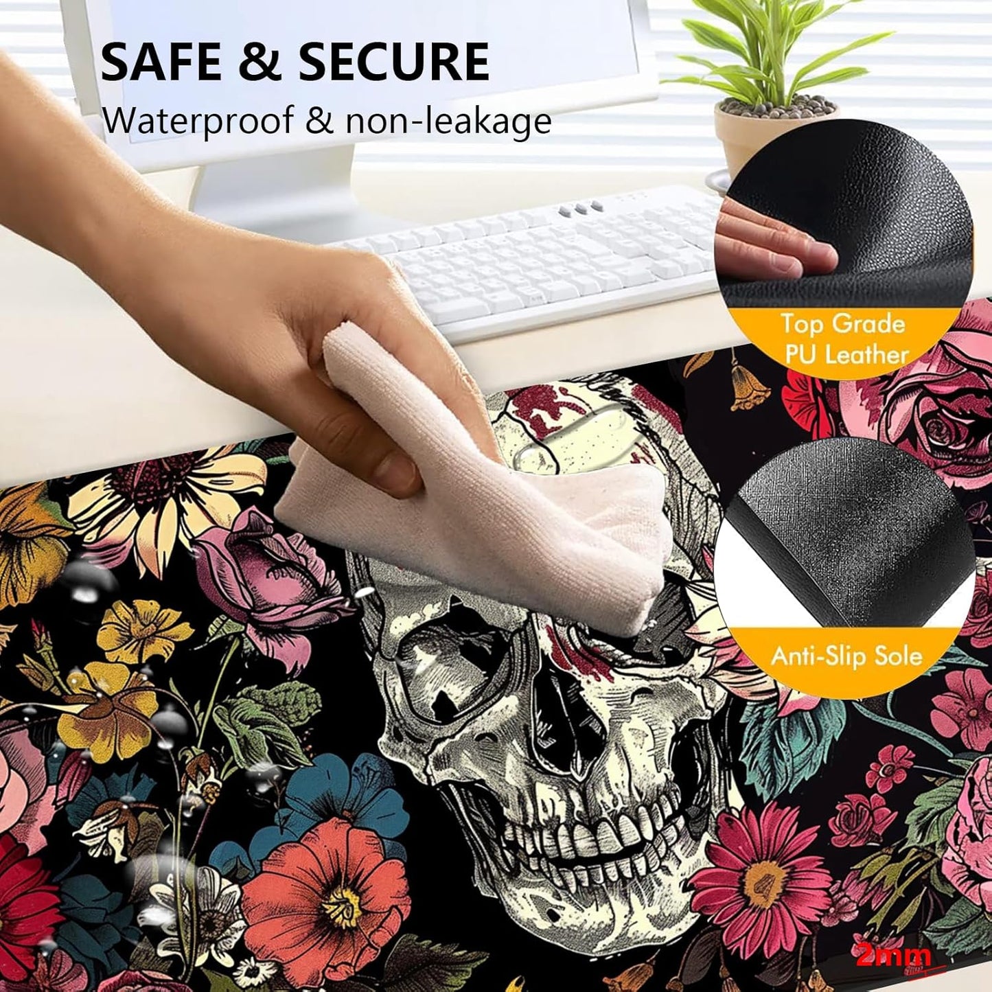 Heated Mouse Pad with 3 Levels Heated & 3 Hours Auto Shut-Off Mouse Pad for Warming Hands in Office Home, 23.6" x 14.2"Large Safe Desk Mat Hand Warmer，Skull in Flowers