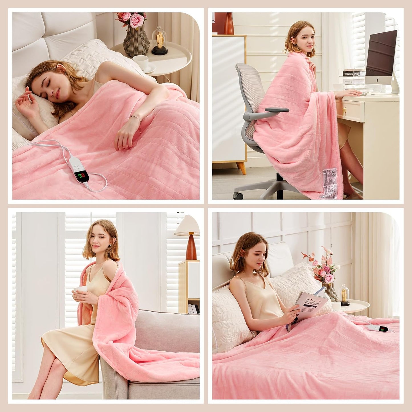 Heated Blanket Queen 84"×90" - Premium Cosy Soft Electric Blanket with 6 Heating Levels,Dual Control Fast Heating Flannel Sherpa Blanket for Bed & Couch,Auto Shut Off/Machine Washable (Pink)