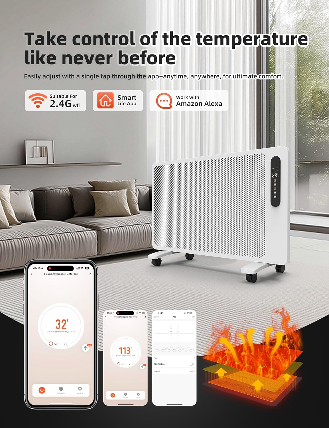 Mica Infrared Space Heater for Indoor Use, Large Room Wall Mount or Portable Panel Heater with WiFi Smart App & Alexa Control, Fast Heating, Energy Efficient, Quiet, White
