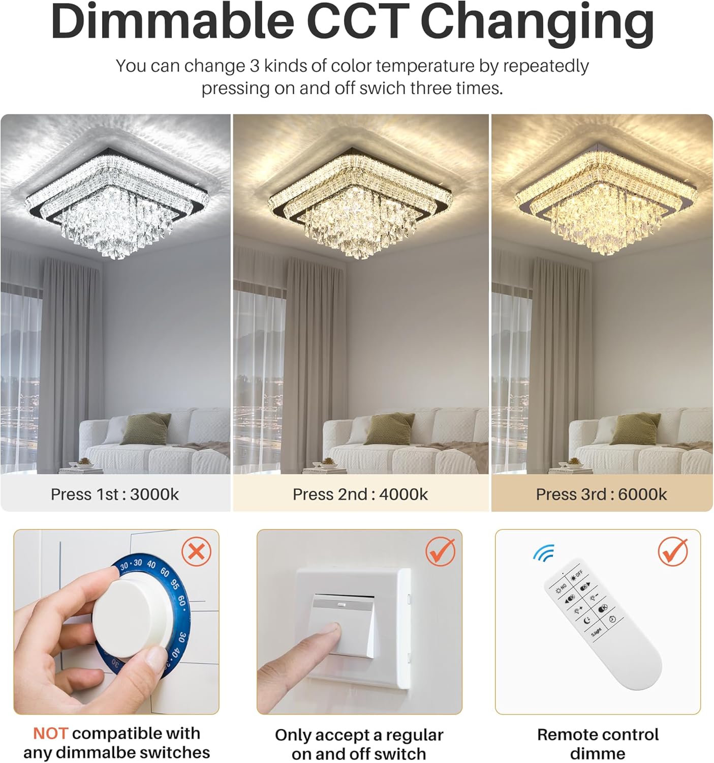 Elegant LED Crystal Raindrop Ceiling Light, 24 in Square Flush Mount Chandelier with Remote for Living Room Kitchen Island Bedroom Hallway Entryway Foyer (Dimmable)