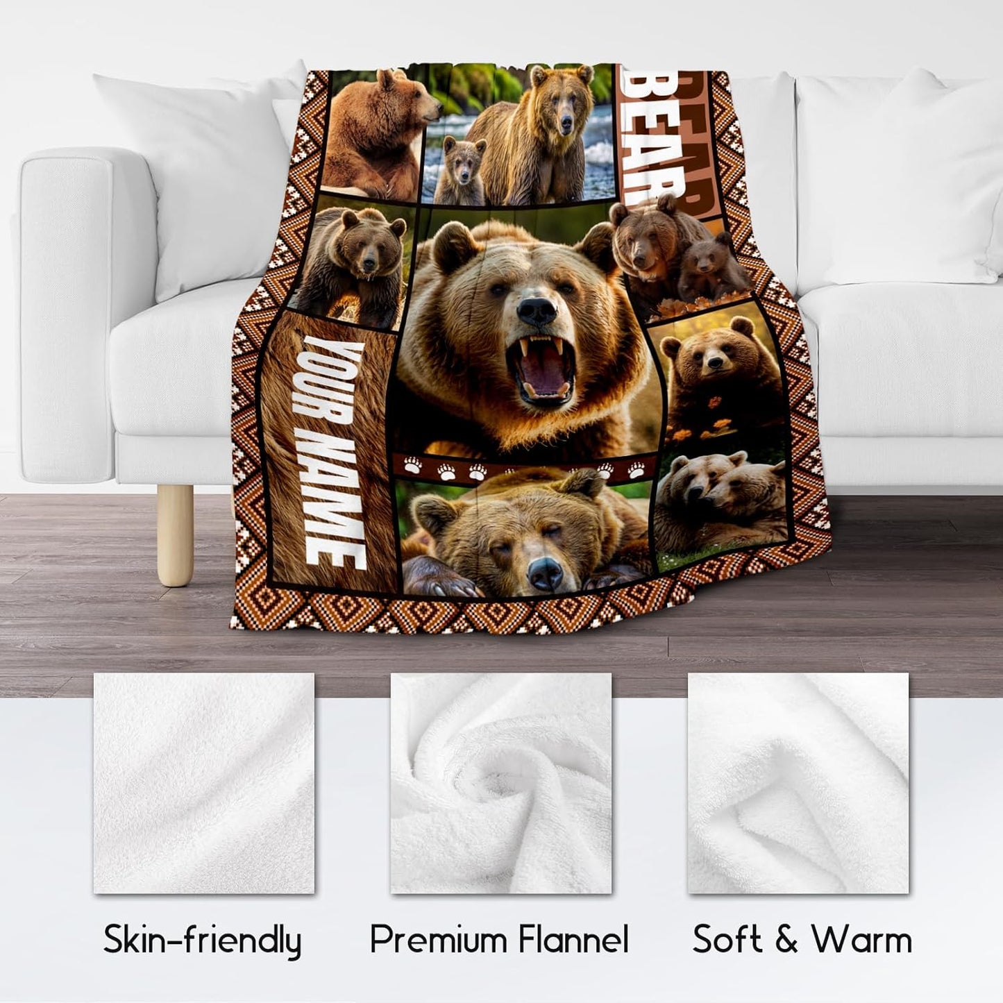 Personalized Blankets for Dad, Custom Bear Blanket Gifts for Men Boys Adults, 30"x40" Forest Animal Throw Gift for Hunters - Soft, Fuzzy & Cozy Flannel Throws Wildlife Country Decor