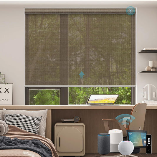SmartWings Motorized Smart Blinds for Windows in Light Filtering, Electric Remote Roller Shades Compatible with Alexa/Google Home/Homekit, Custom Up to 110”W x 148”H, 5% Openness PVC Free Cocoa