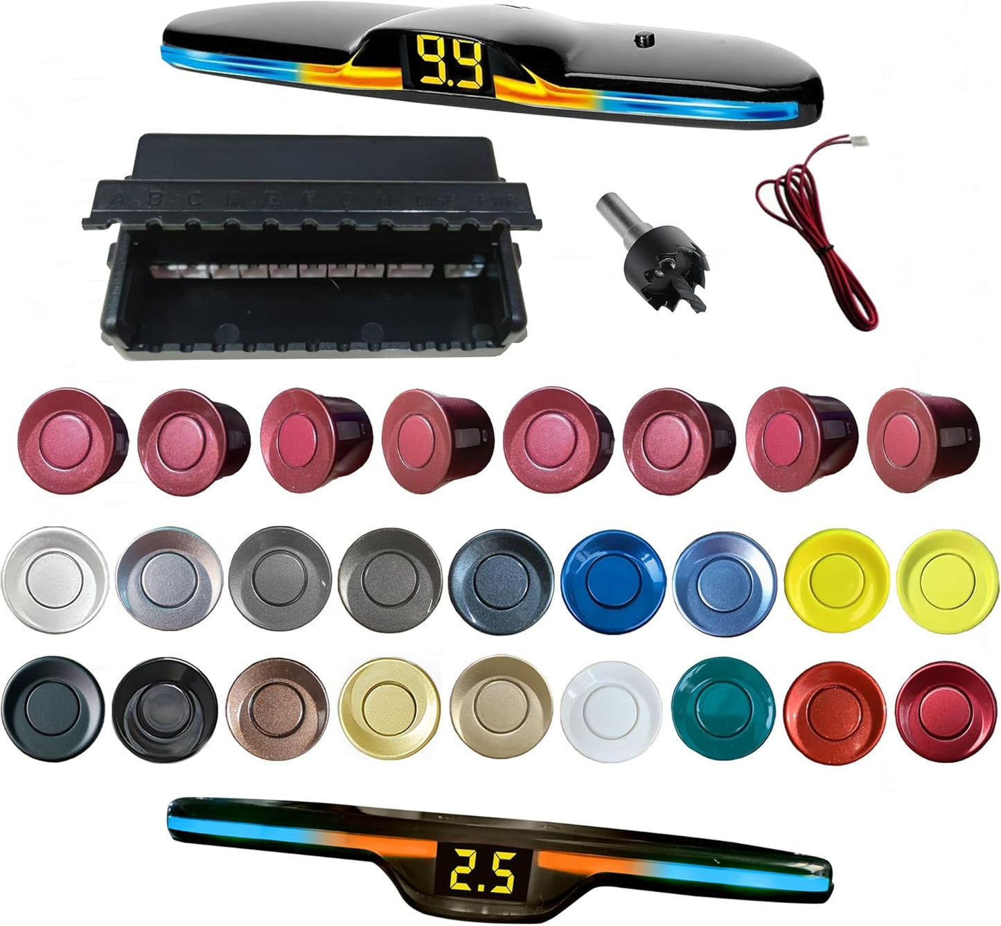 New Features Forward and Reverse Parking sensors, Option to Measure Distance in inches, bidirectional Display Option, and Customizable Digital Direction 18 Color Probes to Choose from(Dark Red)