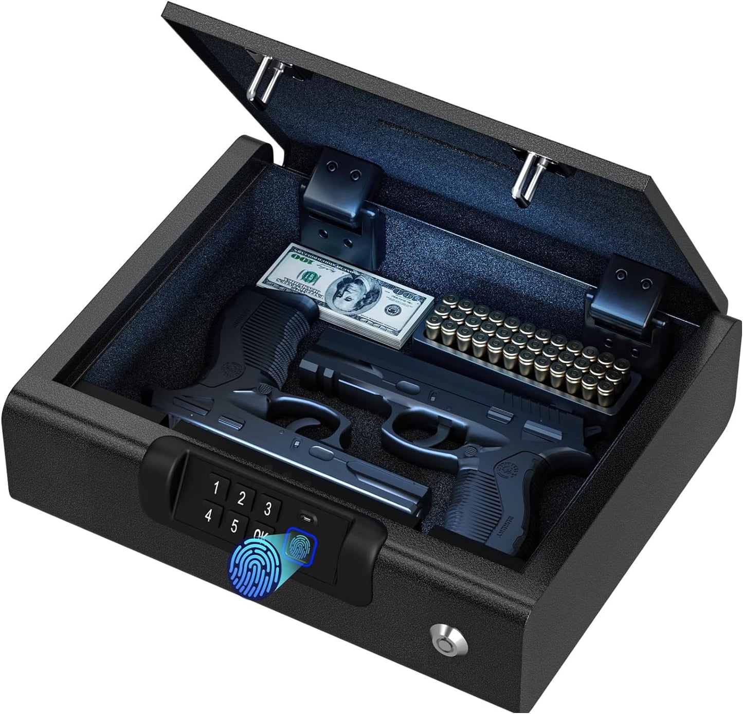Gun Safe,Biometric Gun Safe for Pistols 3-Ways unlock Fingerprint Digital PIN Key Unlock with Sound, Lock box for Cloakroom living room Bedroom Nightstand and Car BILLCONCH