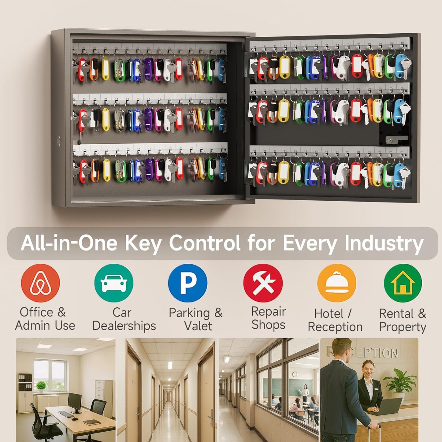 WeHere Smart Key Lock Box, Wall Mounted Key Cabinet with 90 Key Tags, Bluetooth App Control, OTP & Password Unlock, Wi-Fi Remote Unlock (Bridge Required), Steel Key Safe for Office Home Business