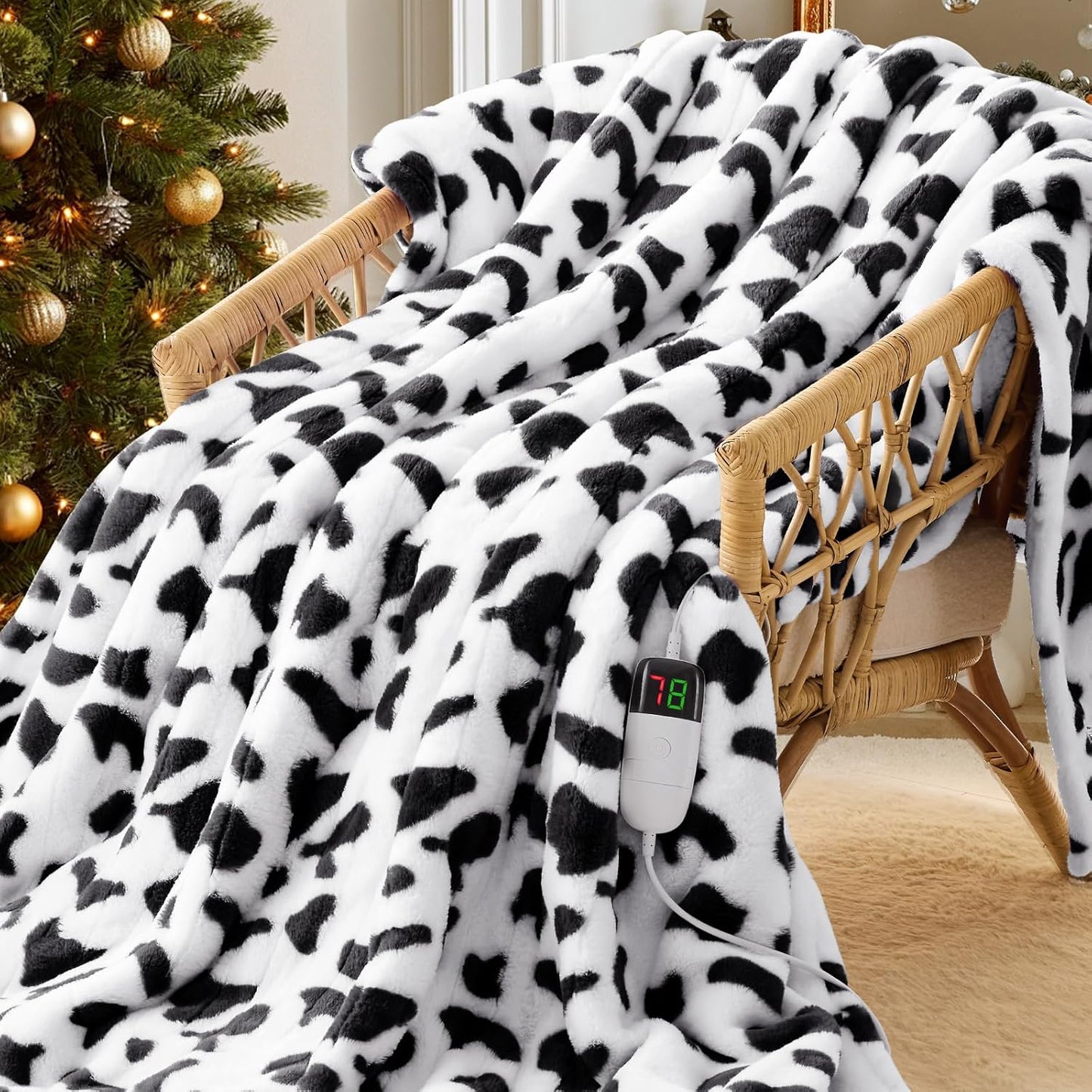 Black Heated Electric Blanket Throw,50X60 Cow Print Heating Blanket with 10 Heats Levels & 8 Hours Auto Off,Cute Cow Decor Stuff Soft Fleece Sherpa Blankets Warmer Gifts for Women Washable