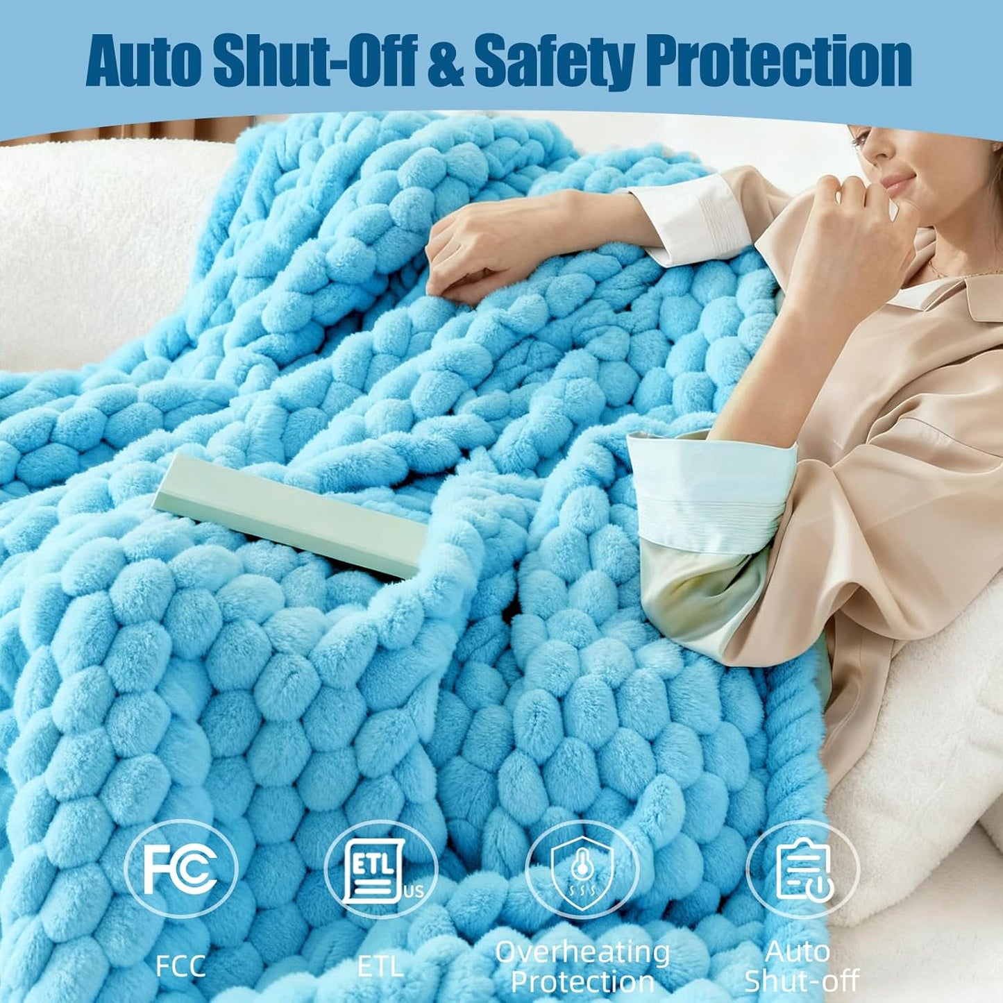 Electric Blanket 50" x 60" Soft Ribbed Faux Fur Flannel Quick Heat 12 Heat Levels 1-12 Hour Timer and Overheat Protection & Auto Shut Off & ETL FCC (Sky Blue, Throw 50" x 60")