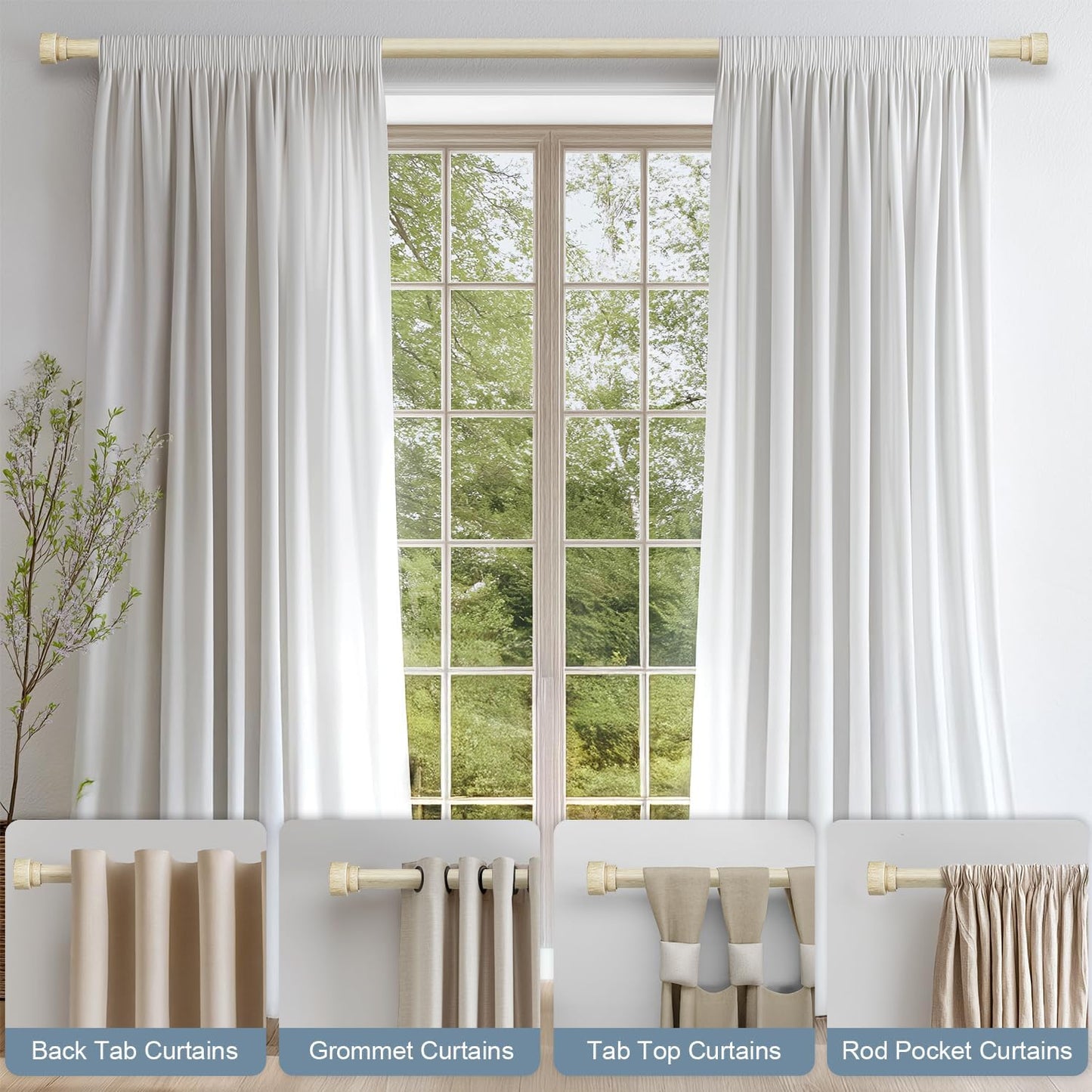 White Oak Wood Grain Curtain Rods for Windows 72 to 144 Inches 1" Diameter Boho Decorative Heavy Duty Window Curtain Rod Adjustable with Solid Finials for Living Room Bedroom Kitchen Farmhouse Outdoor