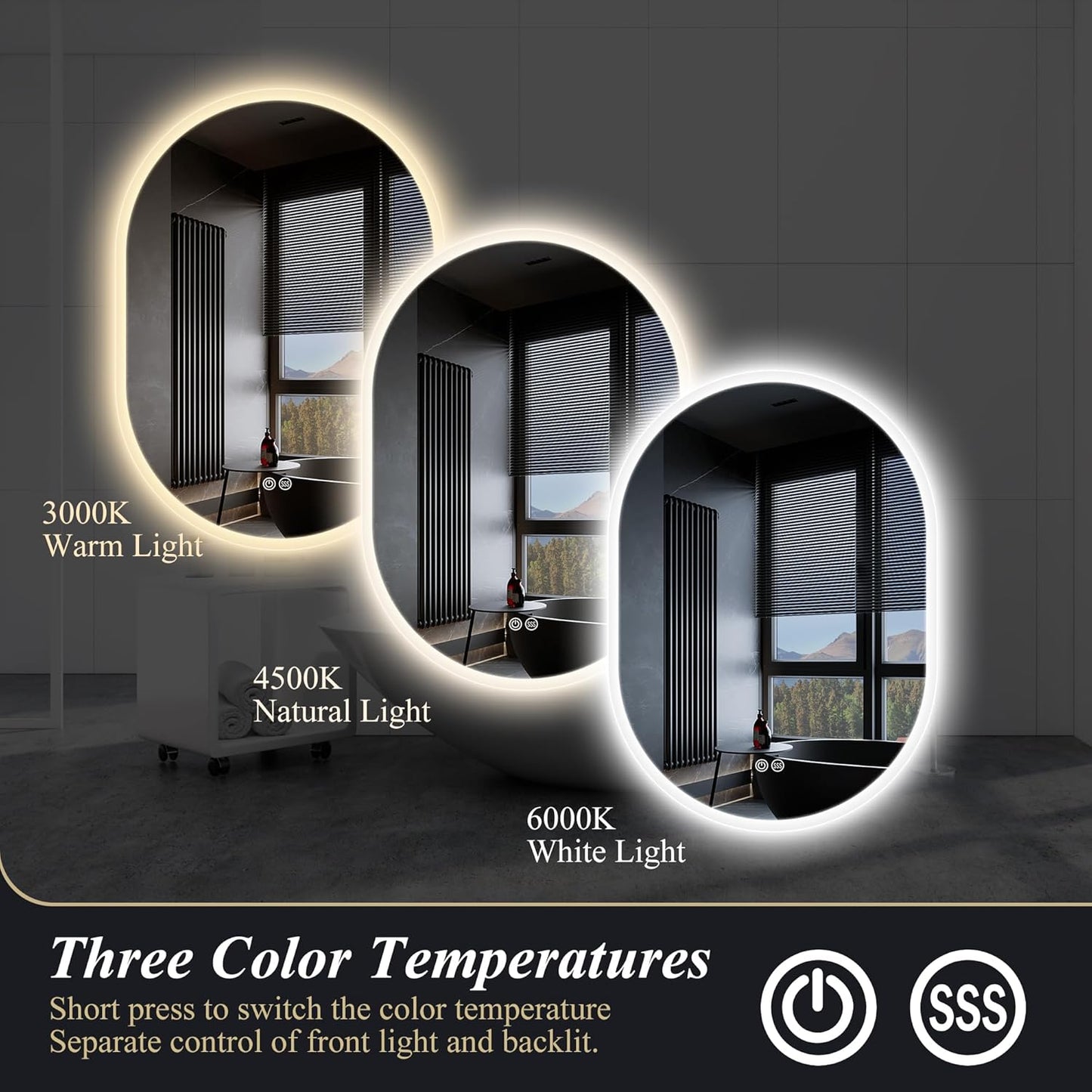 S'bagno 2pcs 28x20 inch Oval-Led-Bathroom-Mirror Dimmable Brightness, Lghted-Bathroom-Mirror with Defogger, Touch-Buttons, Lights Color Changing, Vertical and Horizontal