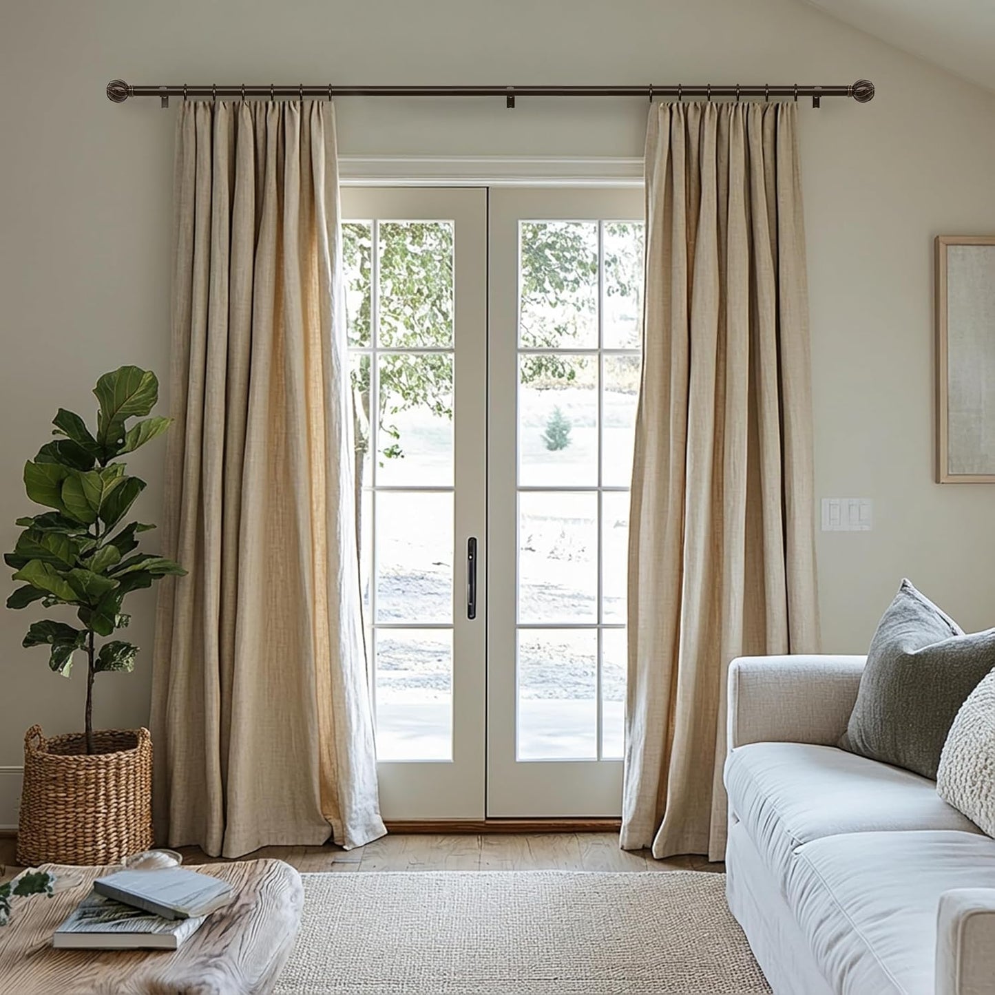 Brown Curtain Rods for Windows 72 to 144 Inch 7/8" Diamete Heavy Duty Adjustable Window Curtain Rod with Decorative Finials for Farmhouse Bedroom Living Room Kitchen Outdoor