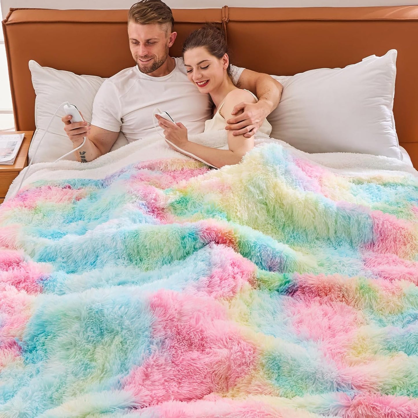 Heated Electric Blanket Queen,Warm Winter Birthday Gifts for Women Her Grandma–Faux Fur with Soft Sherpa,10 Heat Settings,5 Time Settings with Fast Heating, 84x90, Rainbow