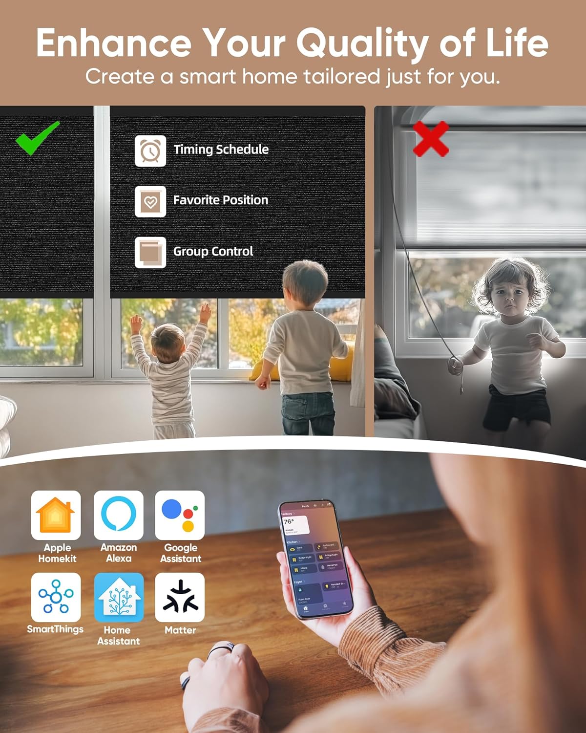 Kincmo Motorized Blinds with Remote,100% Blackout Motorized Roller Shades Work with Apple Homekit,Alexa,Google, Custom Electric Blinds with App,Voice Control (Atlantic Black)