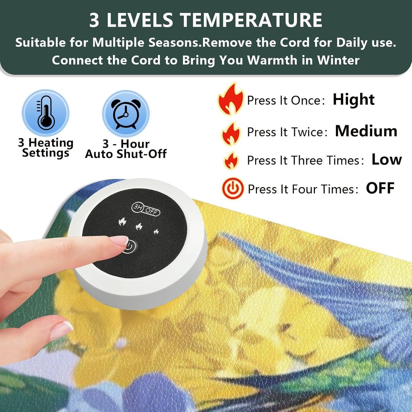 Heated Desk Pad Mouse Pad 31.5x13 Inch PU Leather Desk Mat with 3 Heat Levels Large Mouse Gaming Computer Laptop Mat Blue Hydrangeas Hummingbirds