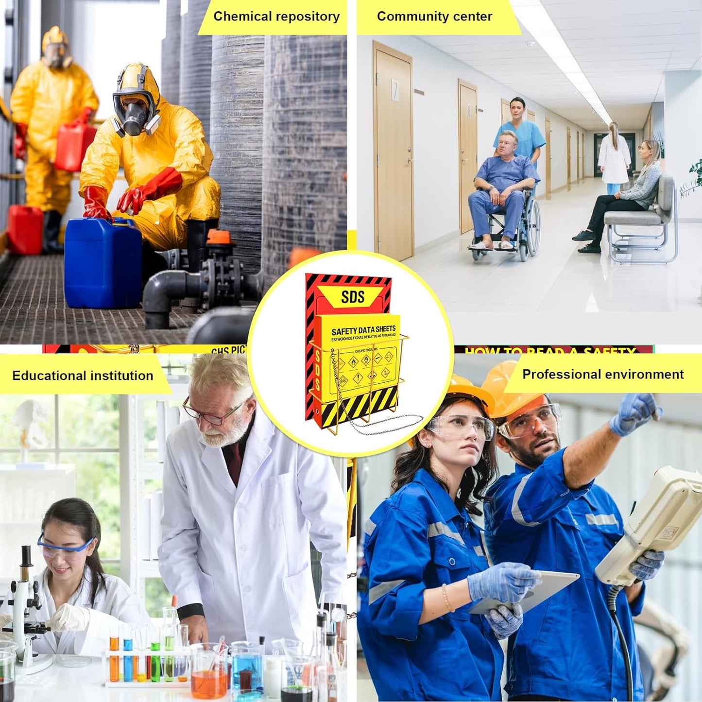 2 Pack MSDS SDS Binder and Wall Station,Yellow Heavy Duty 3 Inch Material Safety Data Sheet 3 Ring Binder with SDS Wire Rack and Display Sign,Chain,Safety Posters,MSDS Labels,Binder Wall Mount