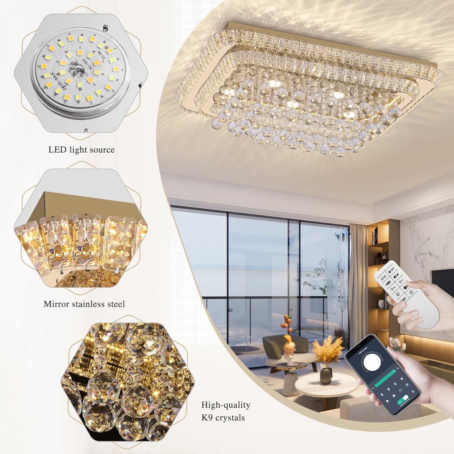 32 inch Crystal Flush Mount Gold Chandelier Remote/APP, Modern Raindrop LED Ceiling Light, 3CCT Dimmable & Brightness Adjustable,Elegant Chandeliers for Bedroom Hallway Dinning Room Living Room