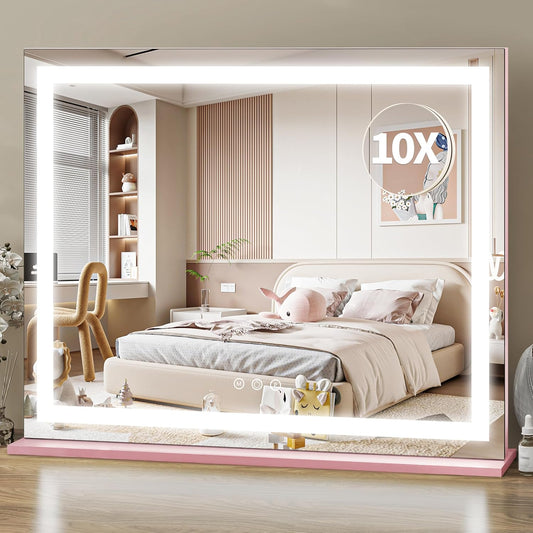 ROLOVE Pink Makeup Mirror with Lights 23x19 Inch, 3-Color Dimmable LED & Touch Control，10X Magnification - Pink Vanity Mirror for Dressing Room (Wall/Tabletop Mount) - Gifts for Women,Teengirls