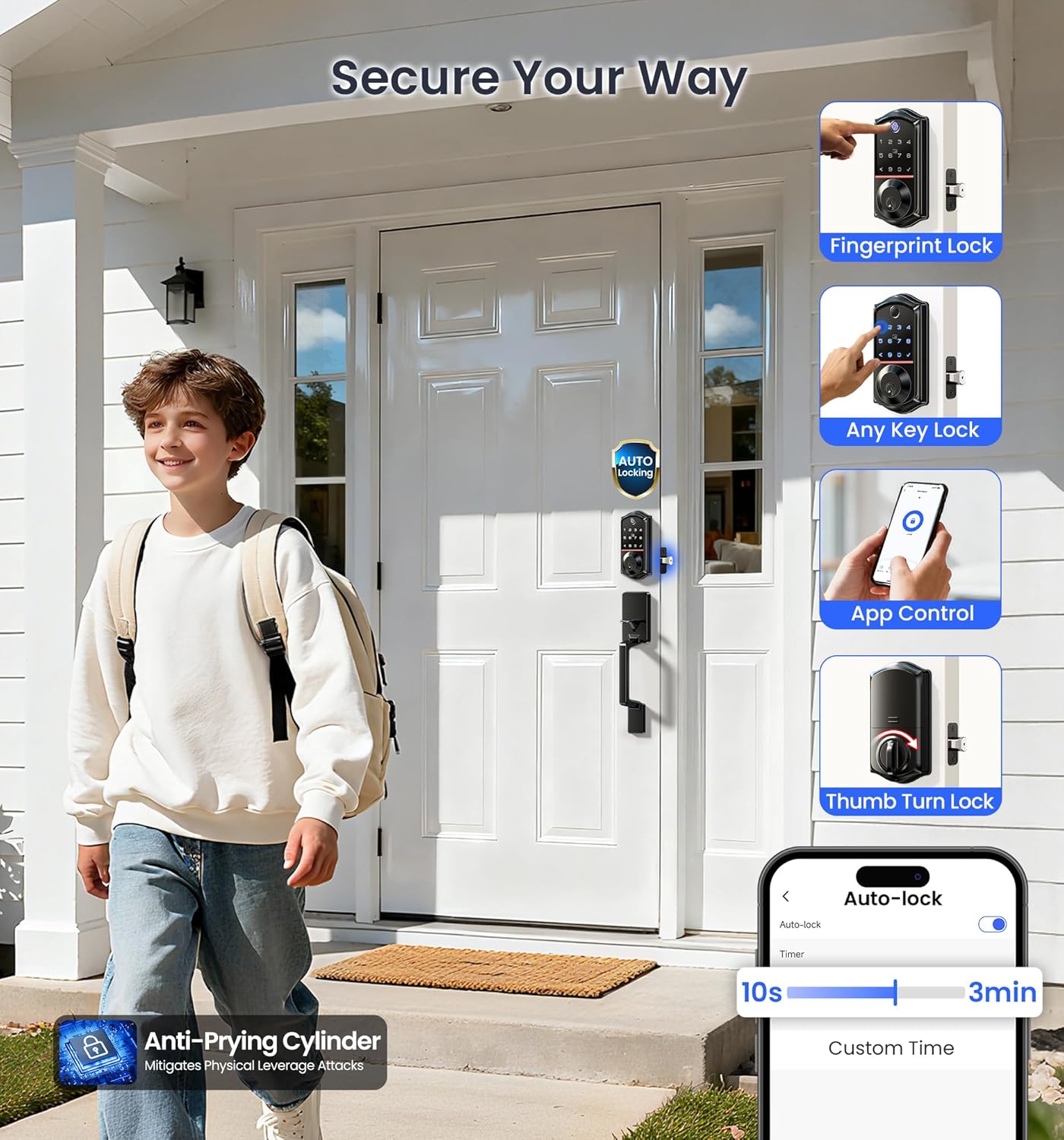 Veise VE017-D Fingerprint Smart Front Door Lock Set, App Control, 8-in-1 Keyless Entry Deadbolt with Lever Handle, Emergency Power Port, Auto Lock, Touchscreen Keypad, Easy Install, Matte Black