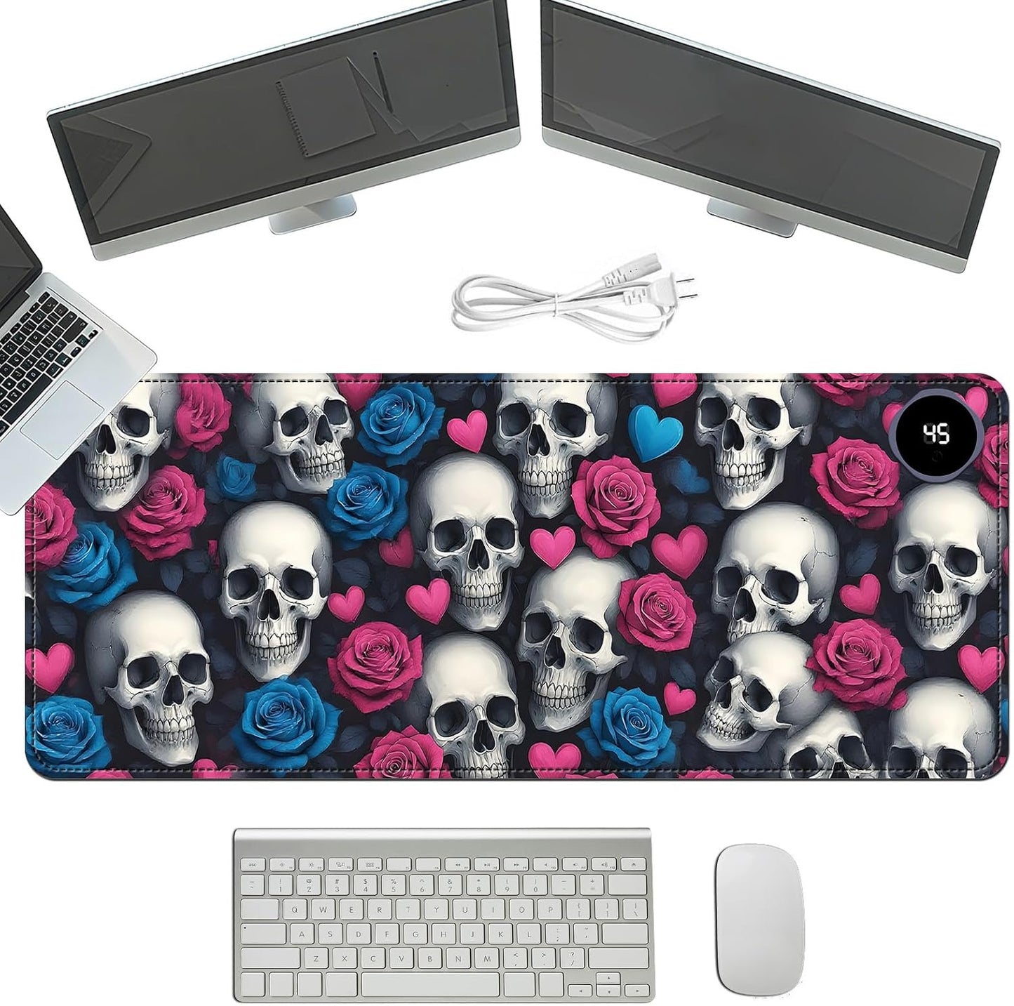 Heated Mouse Pad with 3 Temperature Settings(104°F–122°F),Large 31.5x13 Inch PU Leather Heated Desk Mat,Waterproof Warming Pad for Office,Gaming & Cold Hands Relief,Skeleton Skulls Flower