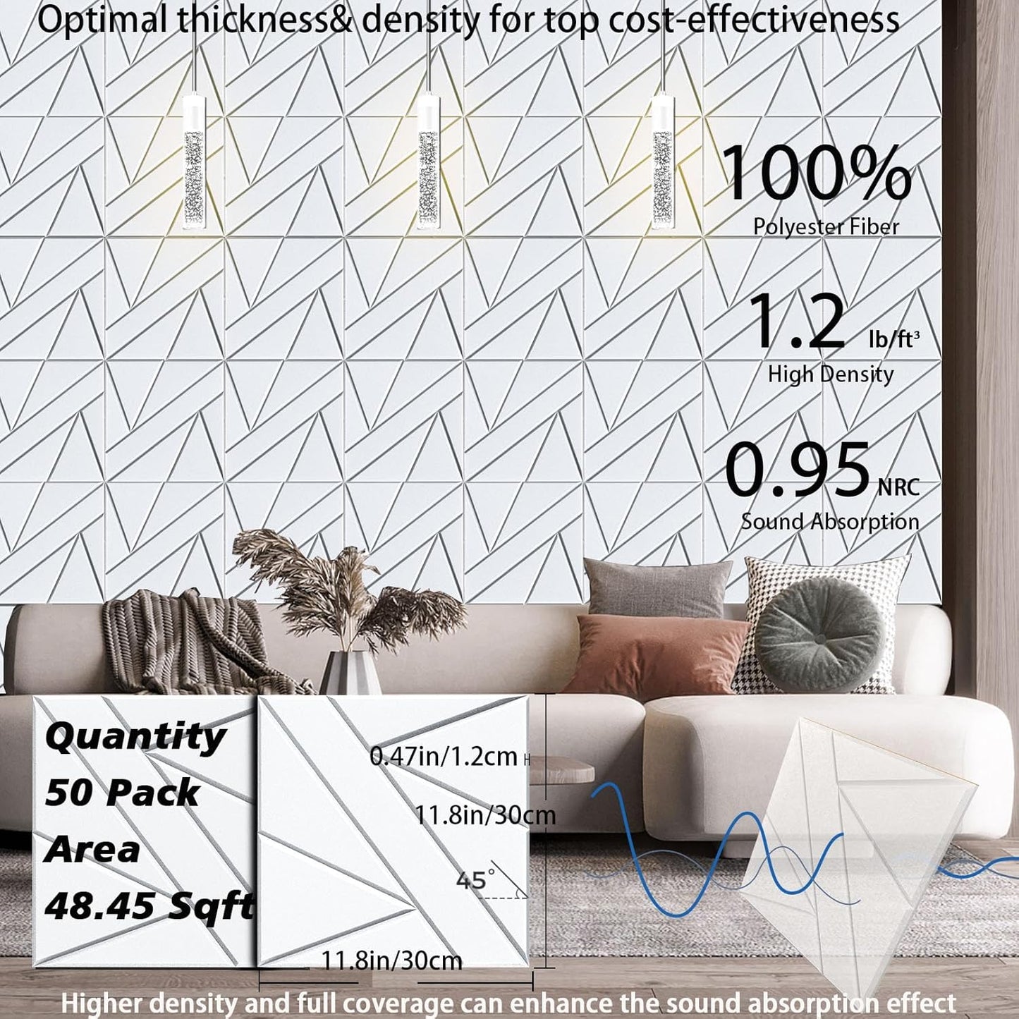 50 Pack Bulk Self-Adhesive Soundproof Wall Panels, 12 x 12 x 0.47 in Sound Proof Foam Panels for Walls, 1.2lb/ft³ High Density, Thicker 0.47in, Acoustic Panels, Duty for Large Walls White