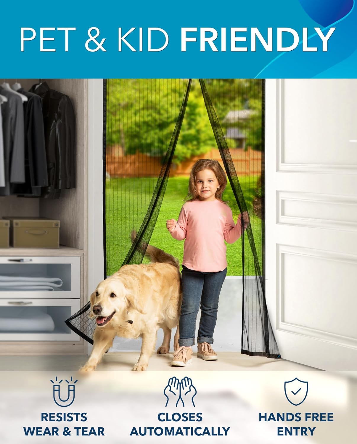 Flux Phenom Magnetic Screen Door (3 Pack) - Bugs Out, Breeze in - 9min Install Auto-Sealing Heavy Duty Double Stitched Mesh, Hands Free Sliding & Patio Doors Net, Pet & Kid Friendly, 38 x 82 Inch