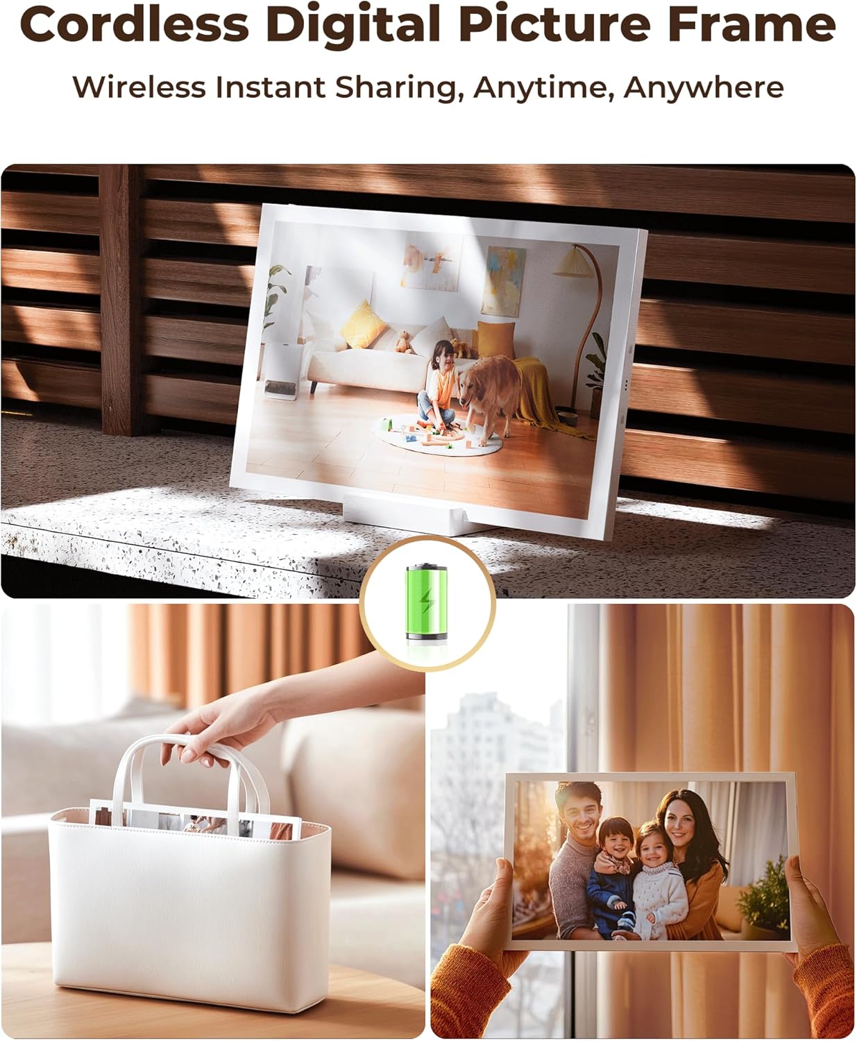 NGTeco Digital Picture Frame 64GB, 10.1" HD Touch Screen Digital Photo Frame, 5000mAh Cordless Battery & Magnetic Wireless Charging, Photo/Video Sharing via Frameo App