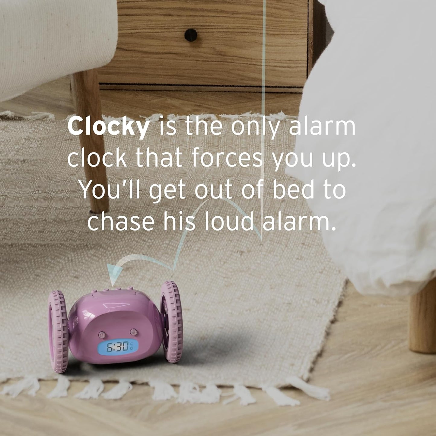 CLOCKY Alarm Clock on Wheels – Loud Rolling Alarm Clock for Heavy Sleepers | Runaway Clock That Jumps & Runs to Wake You Up | Funny Unique Gift for Adults & Teens (Lavender)