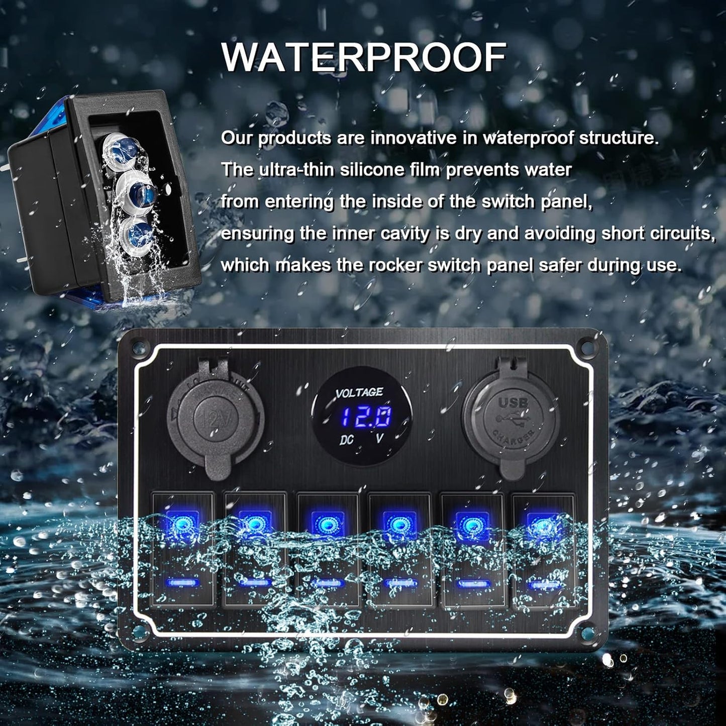 Waterproof Toggle Switch Panel 6 Gang 12V/24V Aluminum Rocker Switch Panel with Dual USB Charger Socket Voltmeter, Pre-Wired Multi-Function Switch Panel for Automotive RV Truck Vehicles