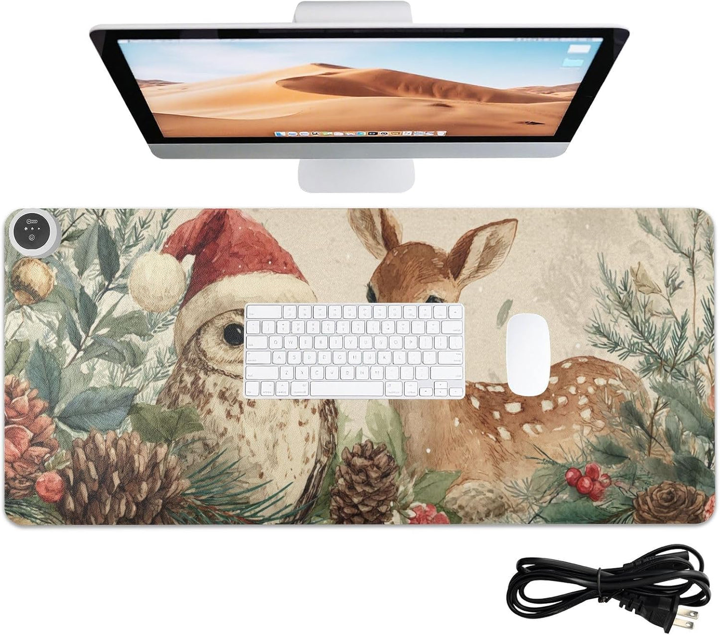 Heated Desk Pad Mouse Pad 31.5x13 Inch PU Leather Desk Mat with 3 Heat Levels Large Mouse Gaming Computer Laptop Mat Beige Christmas Owl Deer Pinecorns