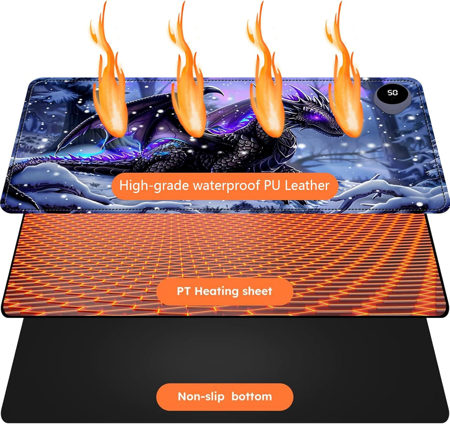Heated Mouse Pad with 3 Levels Heated & 3 Hours Auto Shut-Off Mouse Pad for Warming Hands in Office Home, 23.6" x 14.2"Large Safe Desk Mat Hand Warmer，Purple Flying Dragon