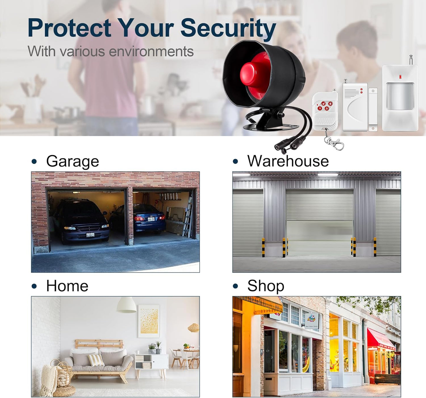 WiFi Alarm Home Security System, 120dB Alarm System with Motion Sensor and Remote Control, WiFi Siren for Shed Garage Alarm