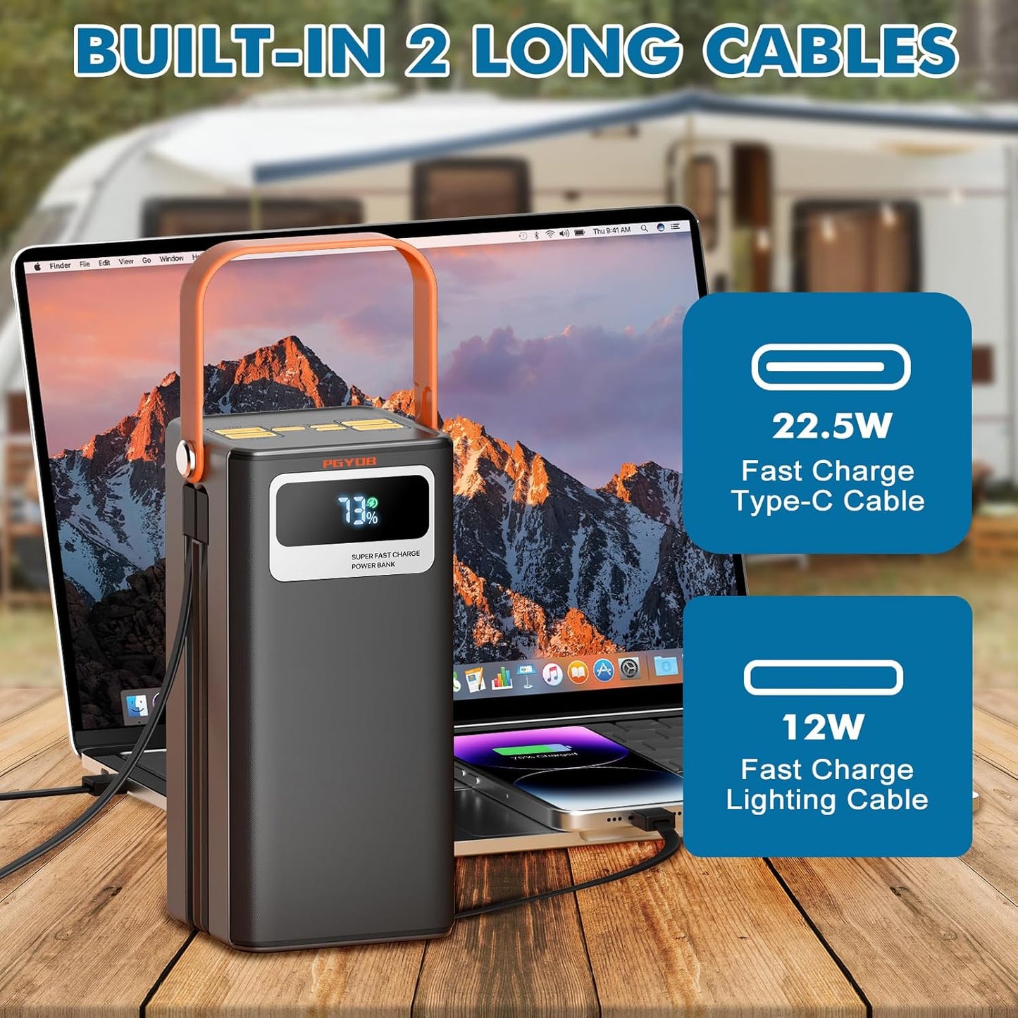 Portable Power Station 166Wh, 22.5W Fast Charging Power Bank with Built-in Cables for iPhone/Android/MacBook, 45000mAh Battery Solar Generator with LED Light for Camping & RV, Home, Travel