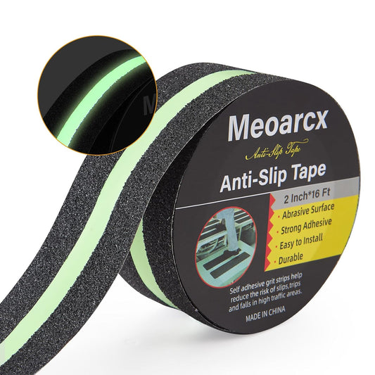 Anti Slip Traction Tape with Glow in Dark Green Stripe, 2 Inch x 16 Feet Waterproof Grip Tape, High Friction Abrasive Adhesive Non Slip Tape for Indoor and Outdoor Stairs, Black