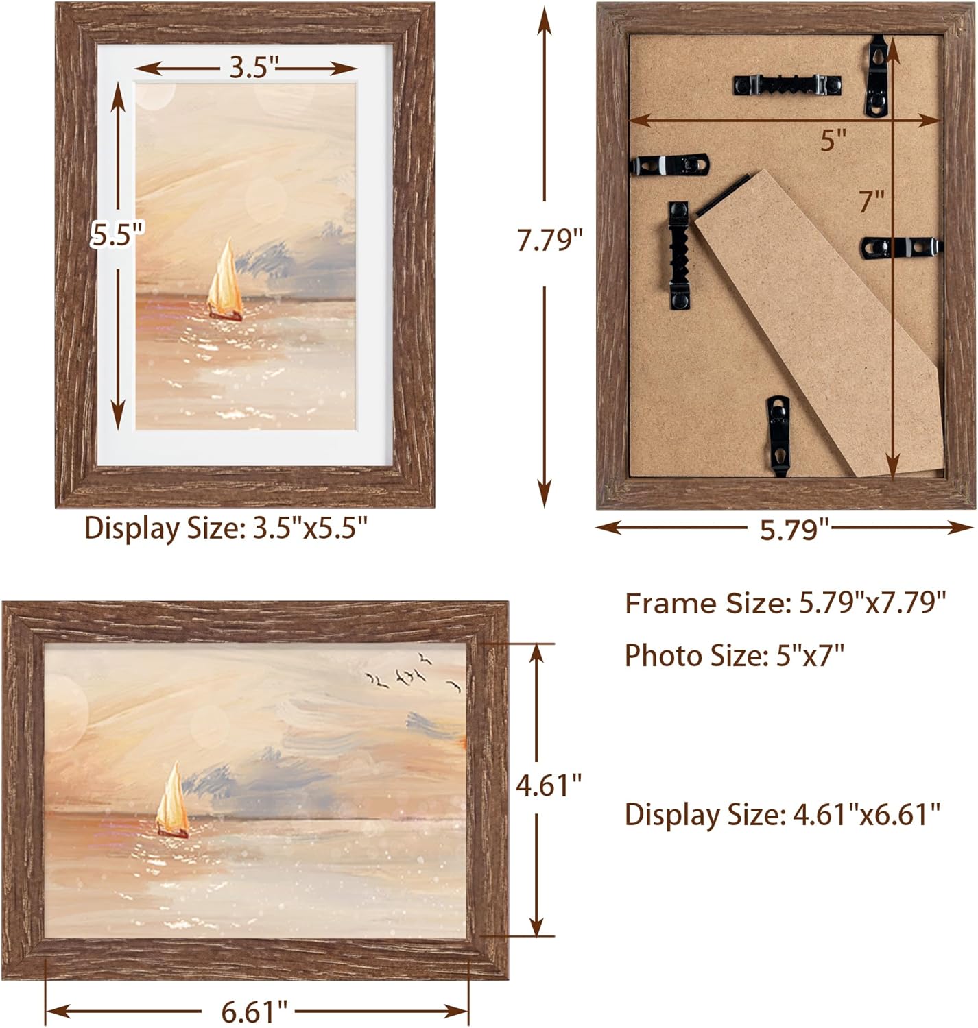 5x7 Picture Frame, Solid Oak Wood 5 x 7 Frame with Plexiglass, 5 by 7 Photo Frame for Wall & Tabletop Display, 5x7 Picture Frame Matted to 4x6, Walnut Color, 3 Pack