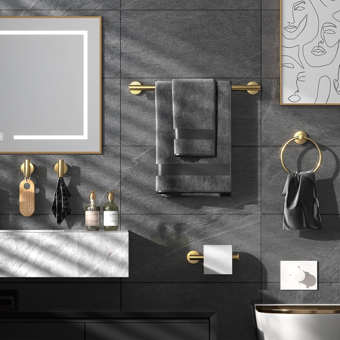 Bathroom Hardware Set Brushed Gold, 10pcs Towel Bar Set Including 2pcs16 inch Towel Bars, Toilet Paper Holders, Towel Rings and 4pcs Robe Towel Hooks