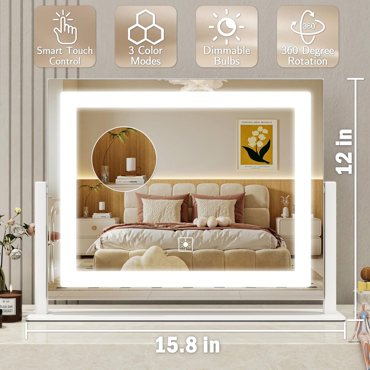 ROLOVE 16x12 Inch Vanity Mirror with Lights, Lighted Makeup Mirror with 10X Magnification, Smart Touch 3 Colors Dimmable, Dresser Mount, Bathroom (White)