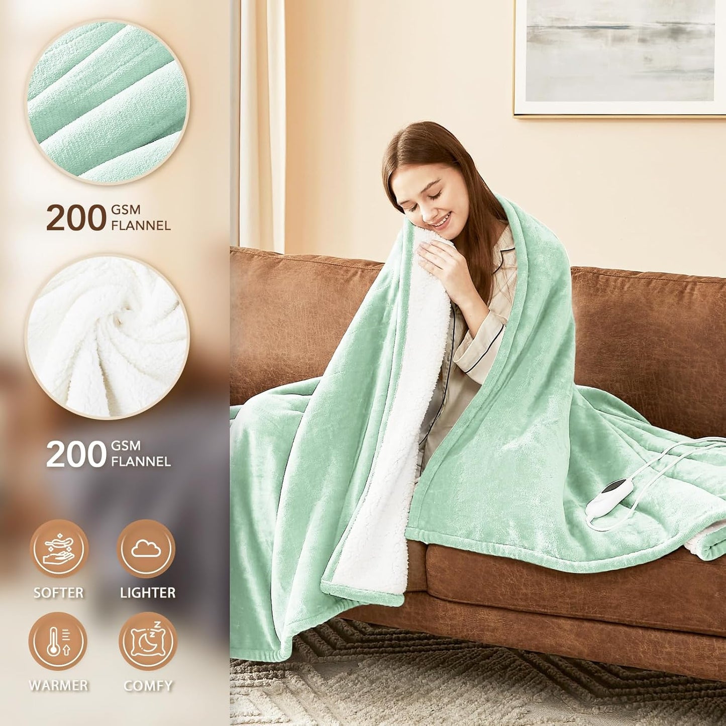 Homemate Heated Blanket Electric Throw - 50"x60" Heating Blanket Throw 1/2/4/6/8 Hours Auto-Off 10 Heat Level Over-Heat Protection Flannel Sherpa ETL Certification