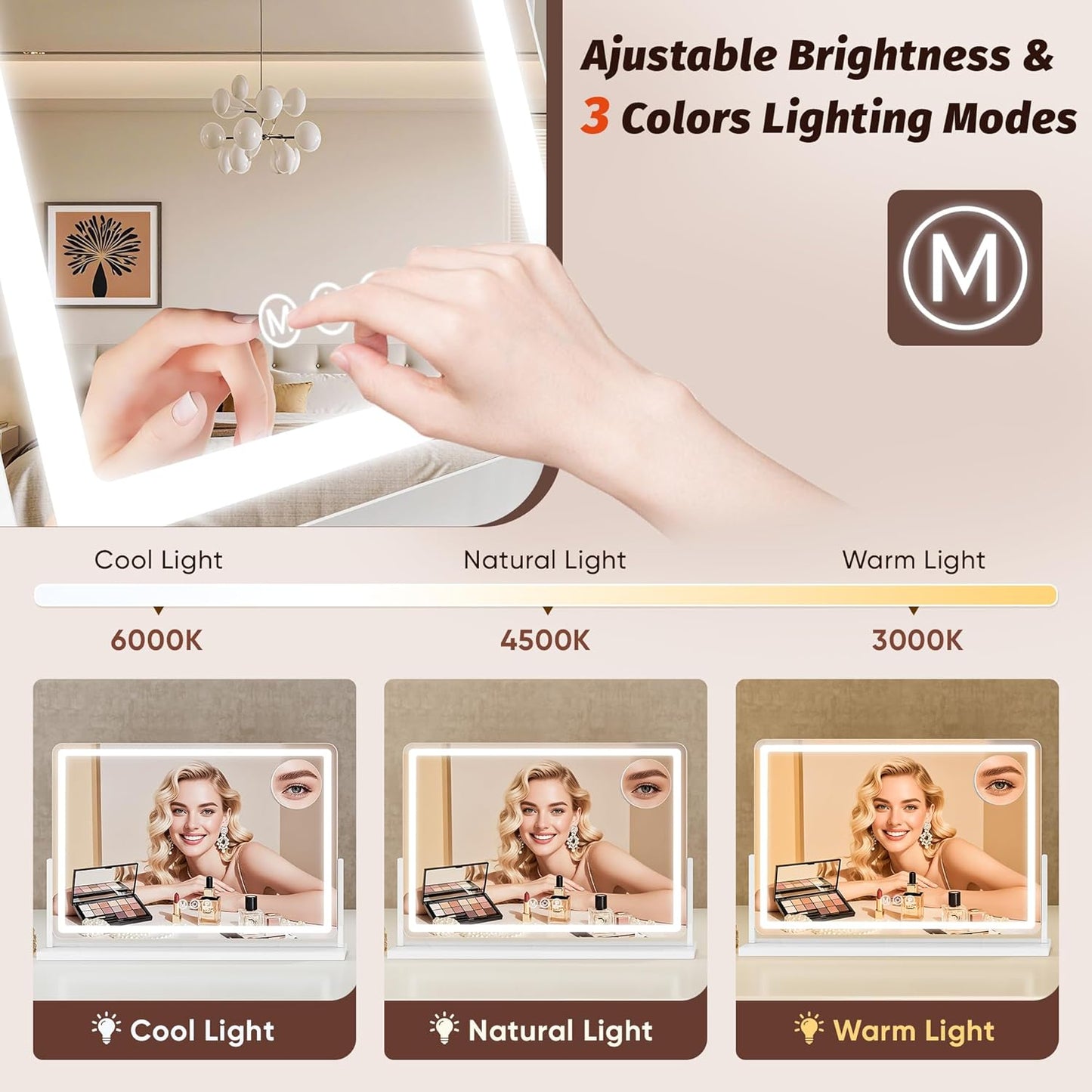 Vanity Mirror with Lights, 32"x22" Hollywood Lighted Makeup Mirror for Tabletop & Bedroom 3 Color Lighting Modes Smart Touch Control 360° Rotation Detachable