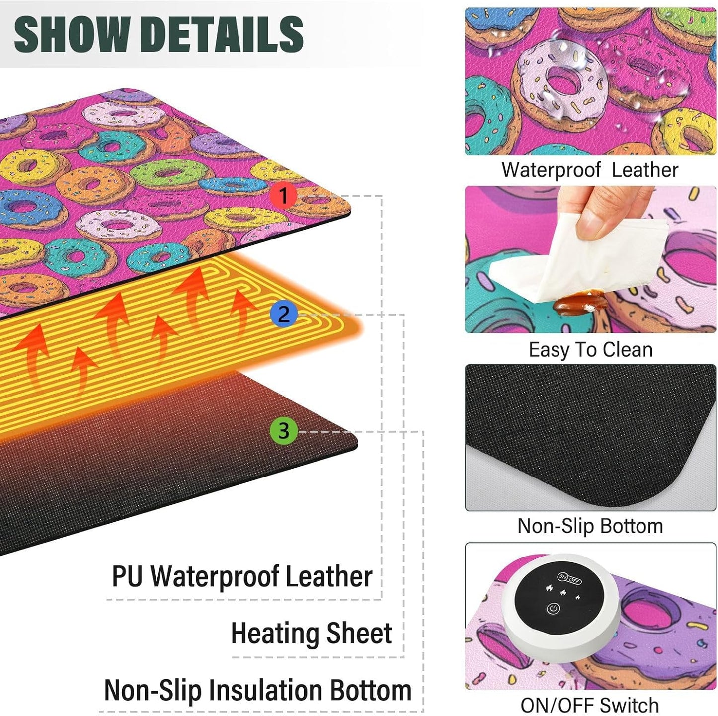 Heated Desk Pad Mouse Pad 31.5x13 Inch PU Leather Desk Mat with 3 Heat Levels Large Mouse Gaming Computer Laptop Mat Cute Donuts Colorful