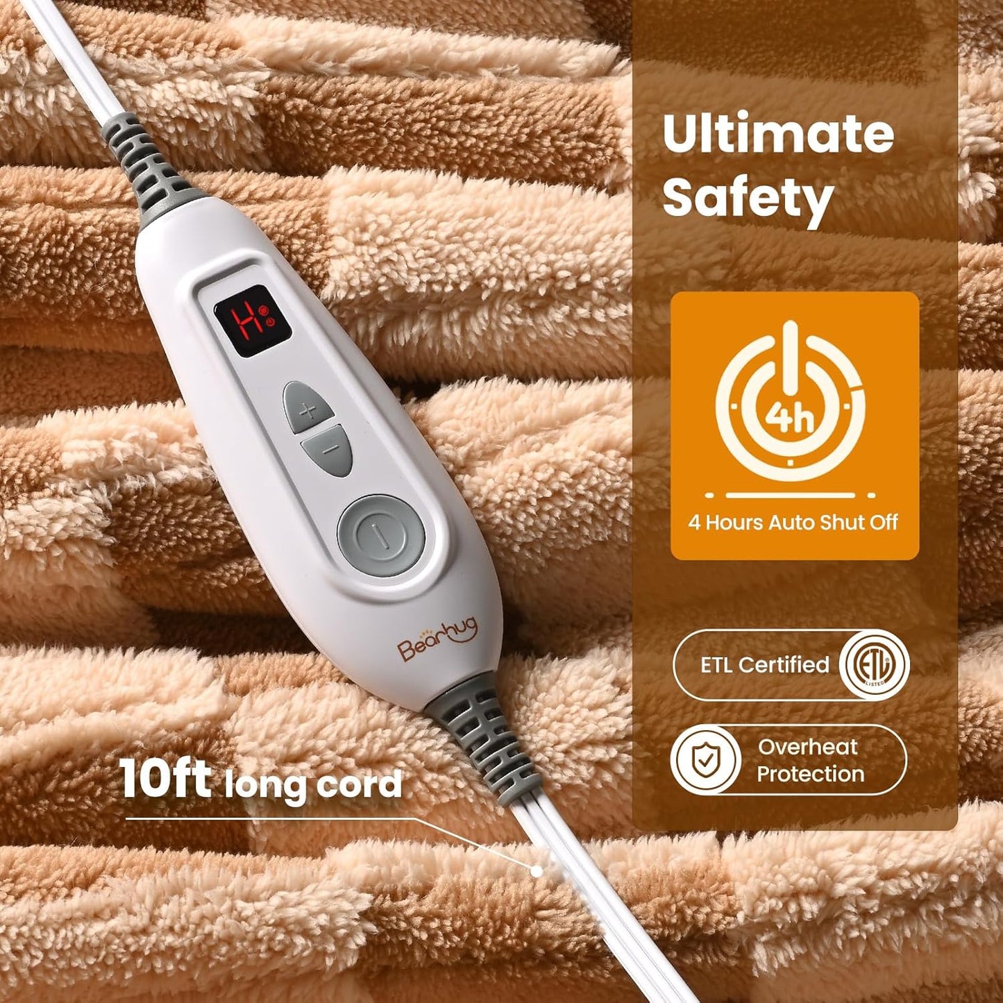 Bearhug Heated Throw Blanket 50" × 60", Electric Blanket Reversible Brown Plaid Sherpa, 4h Auto-Off Timer & 6 Heating Levels, Reversible Heated Throw, ETL Certified, Machine Washable, Gift Box