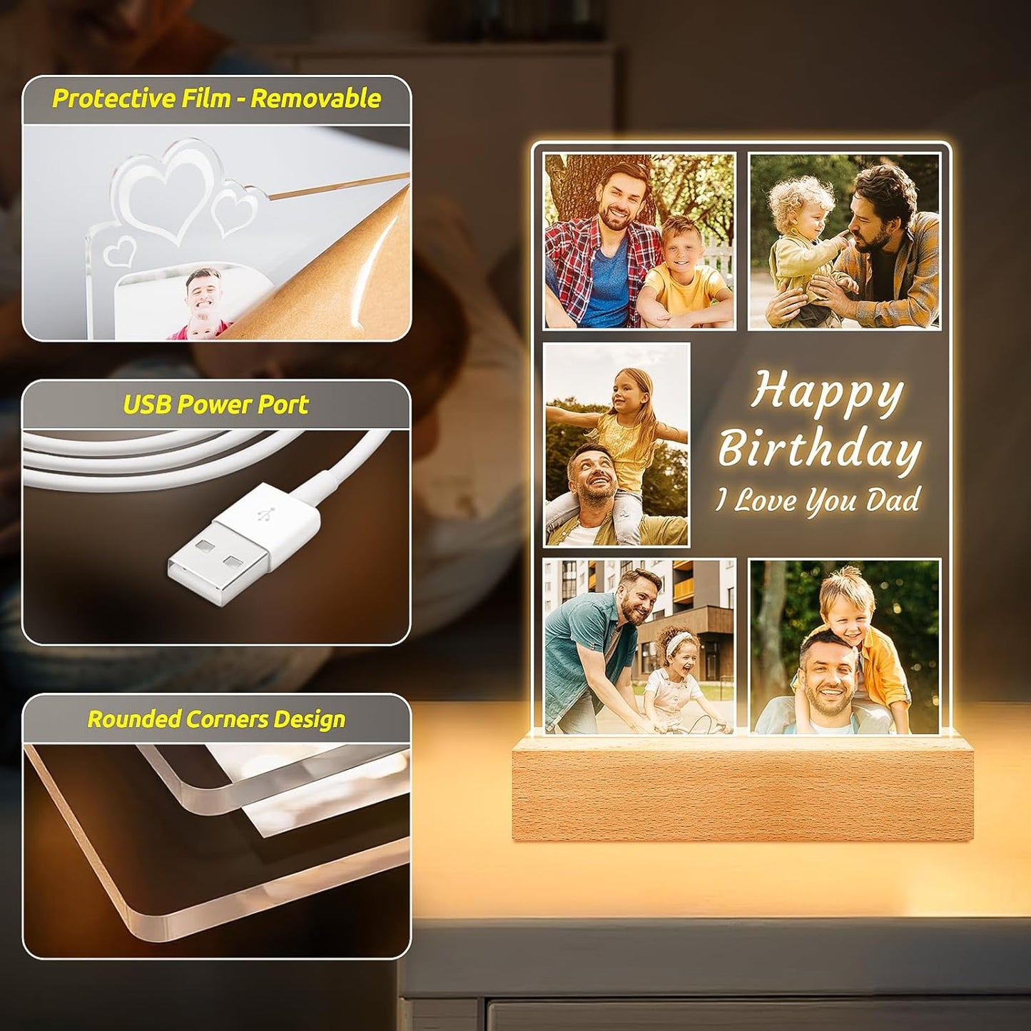 Personalized Birthday Gifts for Dad from Daughter Son, Custom Picture Frames with Night Light, Customized Photo Frame with Photos, Personalized Gifts for Dad, Baby, Kids, Family